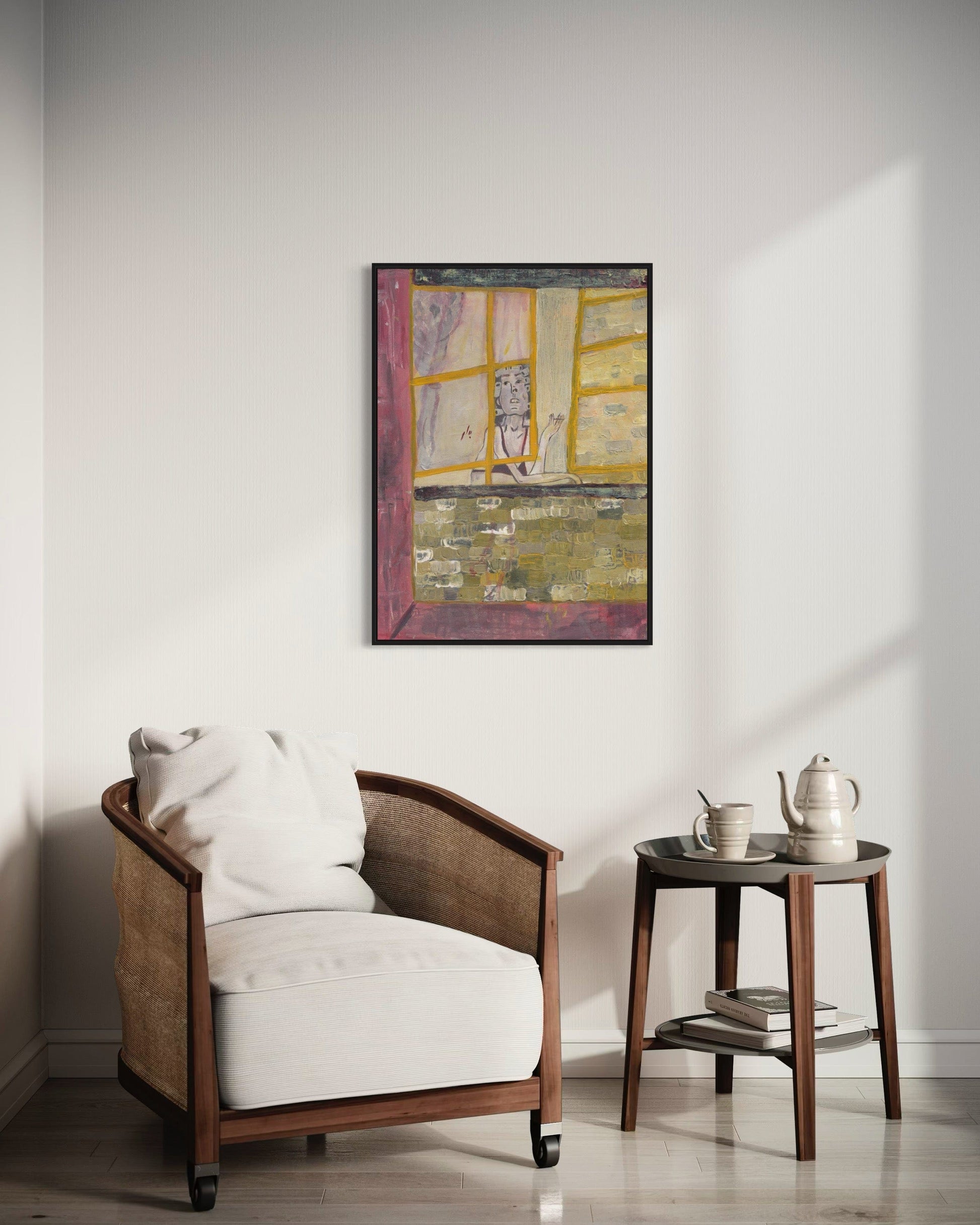 Living room with a wooden armchair, side table, and abstract painting on the wall.