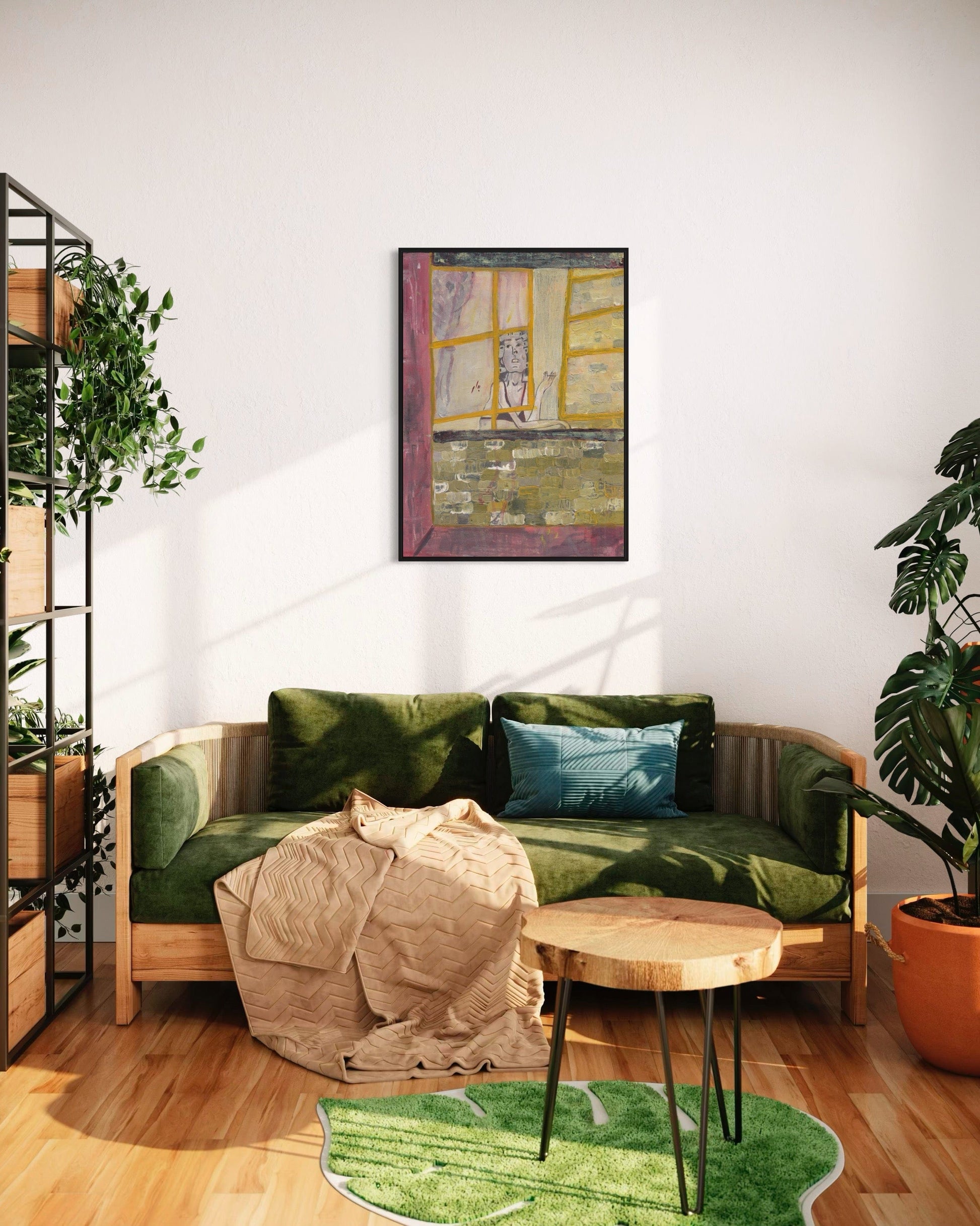 Modern living room with a green sofa, wooden coffee table, and decorative elements.