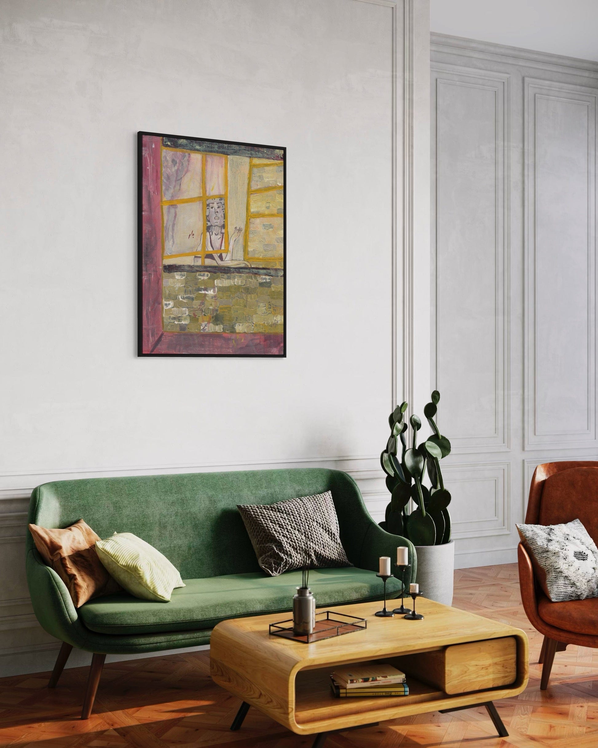 Modern living room with green sofa, wooden coffee table, and wall art.