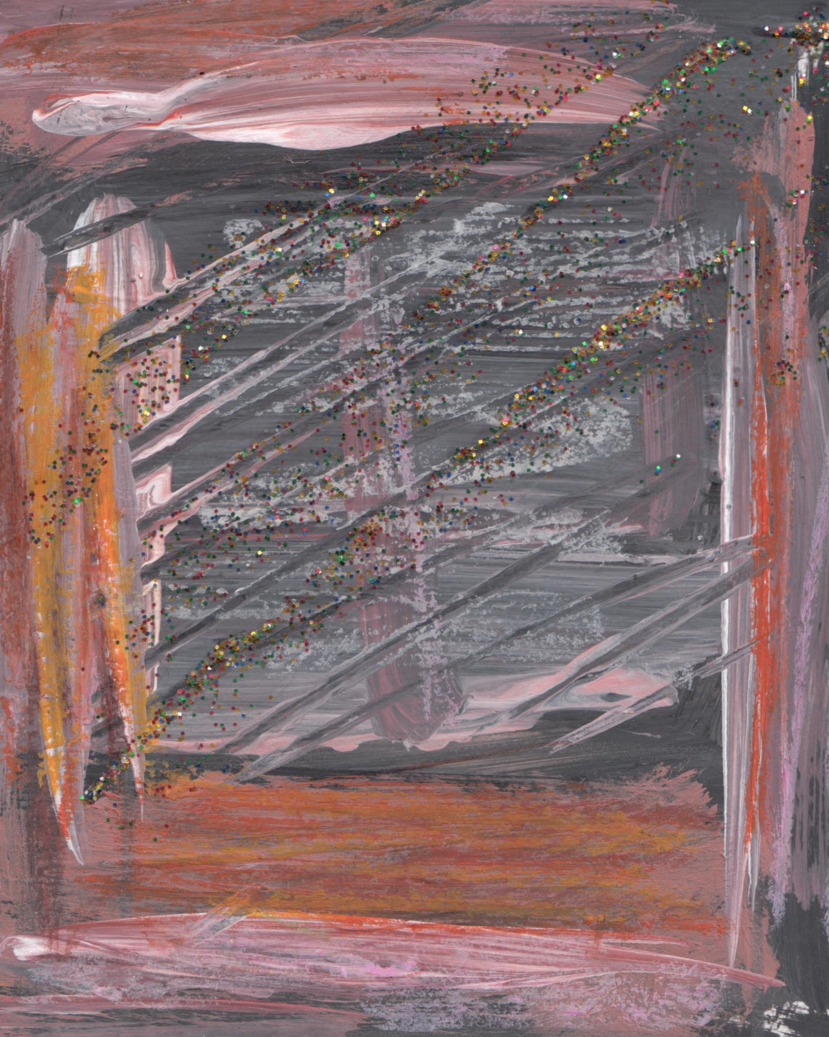 Abstract art with brush strokes in shades of gray, pink, and orange.