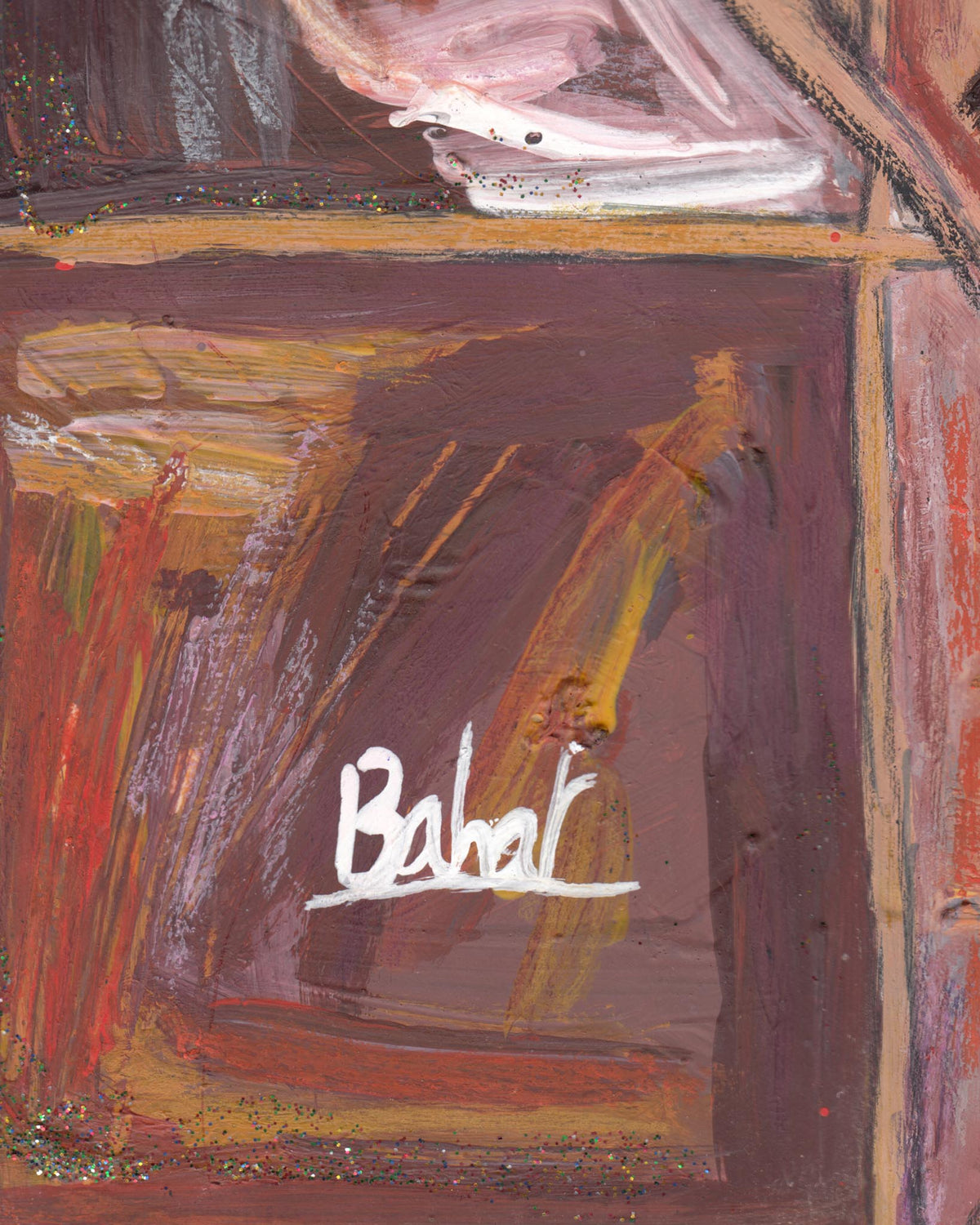 Abstract painting with a signature in white on a brown background