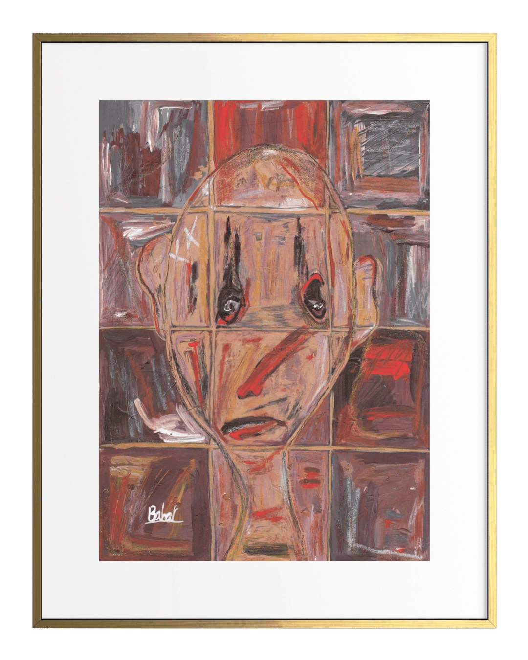 Abstract artwork of a face with geometric shapes, framed in gold.