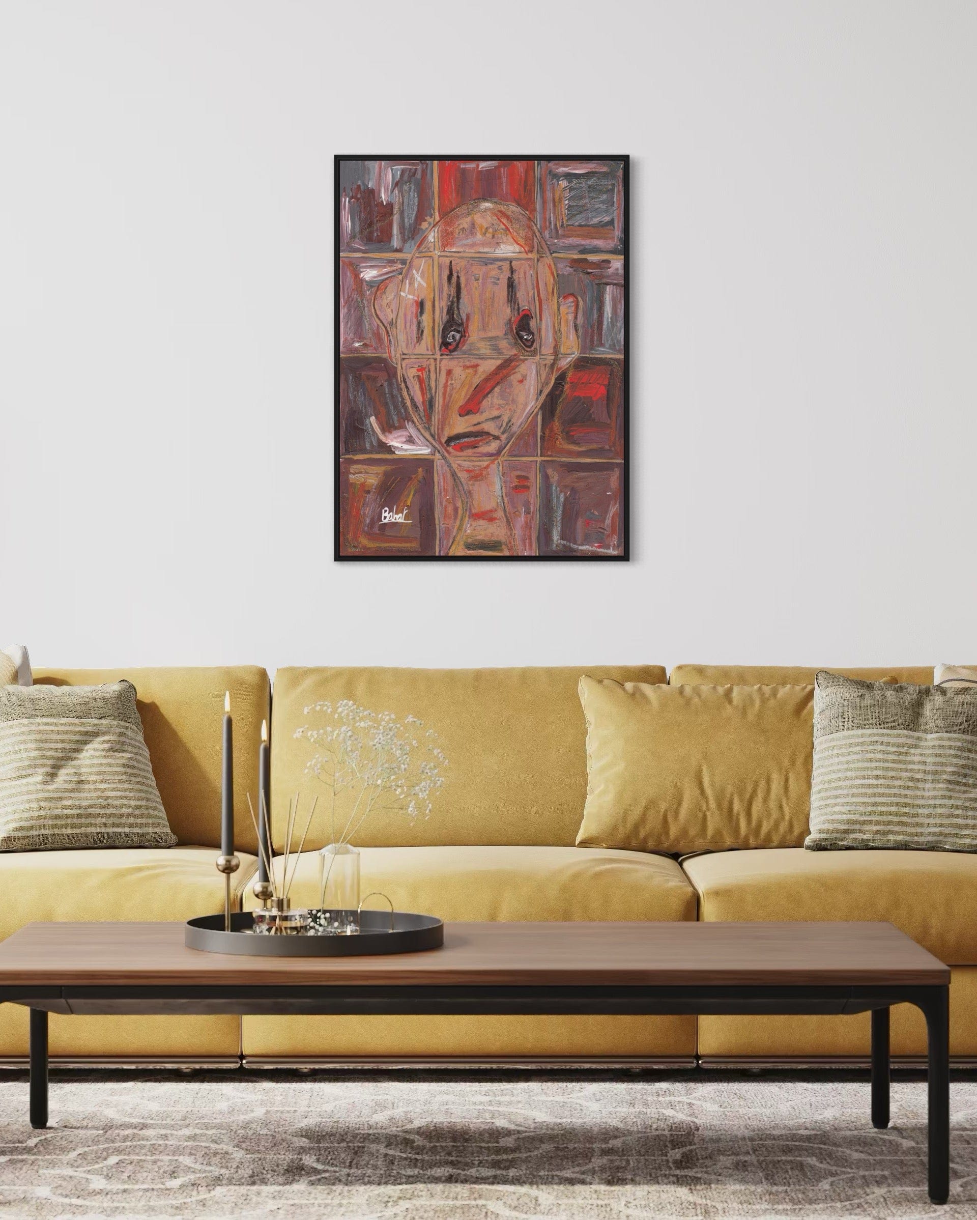 Living room with a yellow sofa, wooden coffee table, and abstract painting on the wall.
