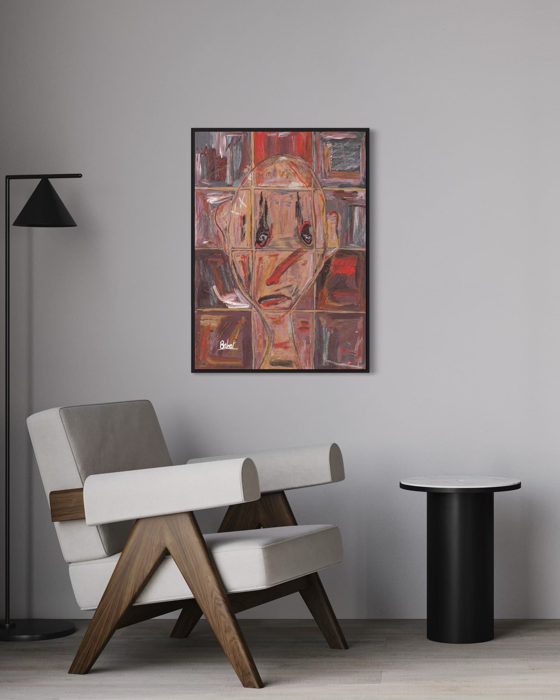 Modern chair and table in a room with abstract art on the wall
