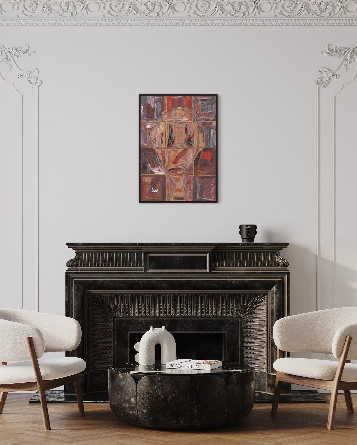 Living room with a fireplace, two chairs, and a abstract painting on the wall.