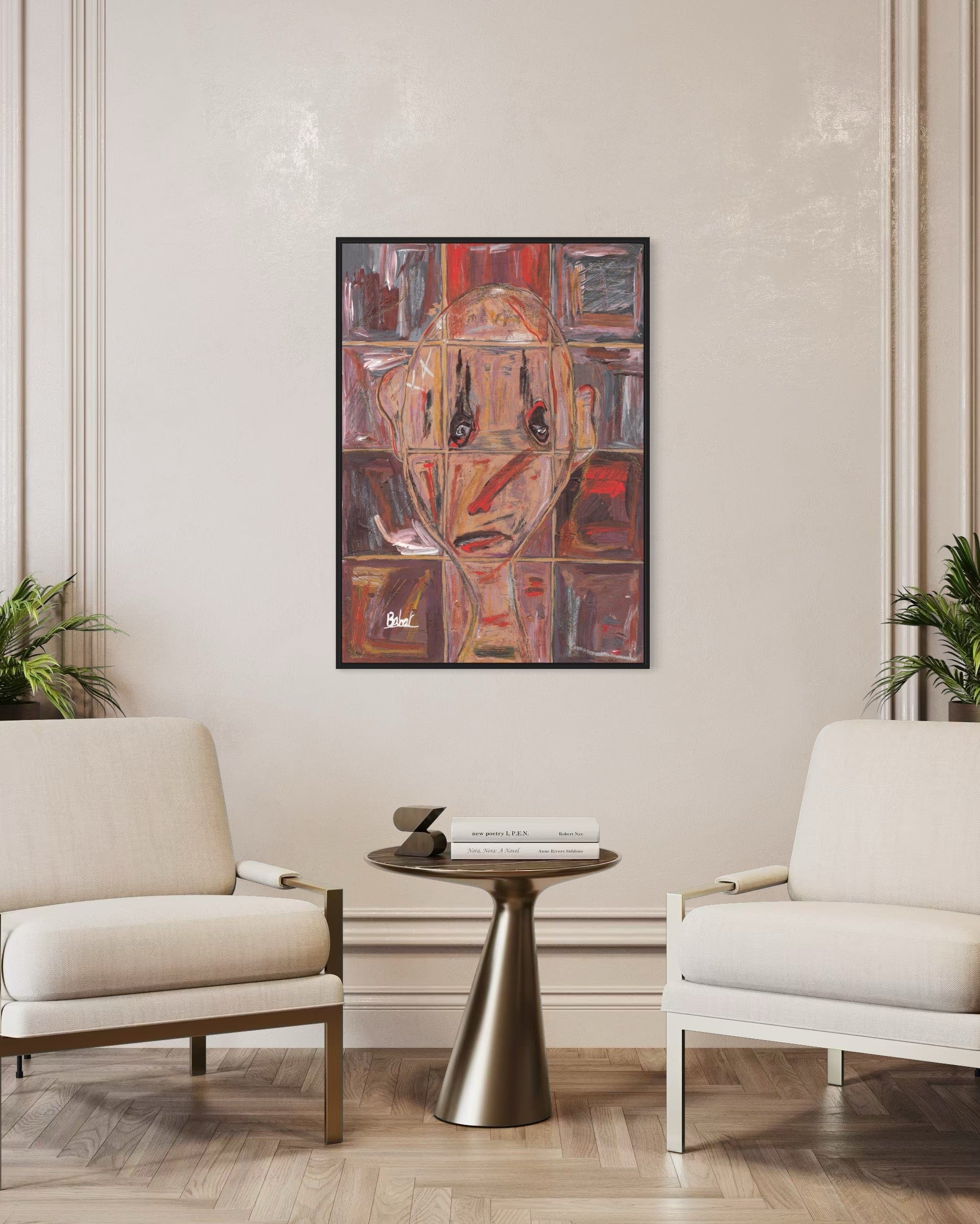Abstract painting on a wall above a table with two chairs in a room.