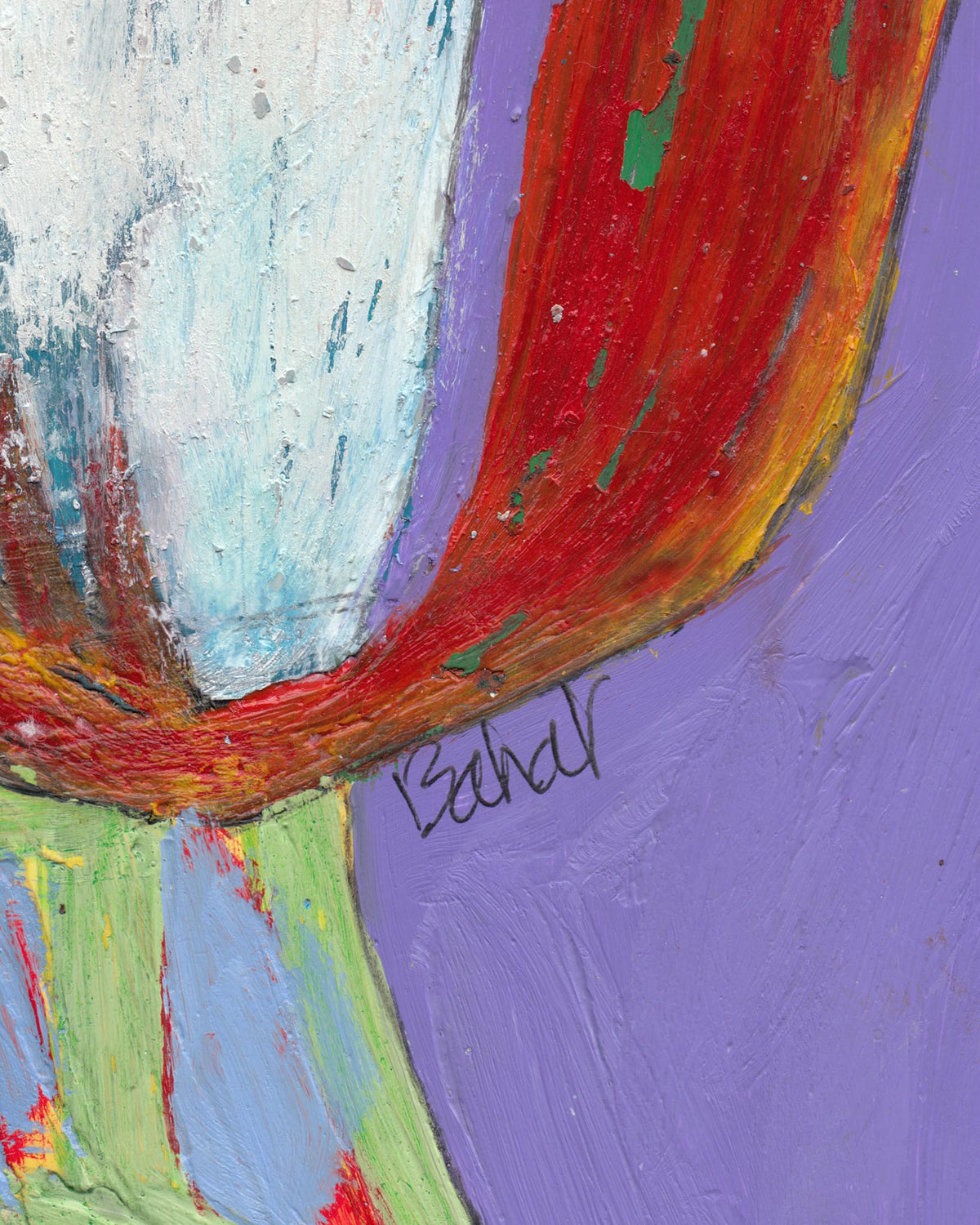 Abstract painting with colorful brush strokes on a purple background, signed 'Ehder'.