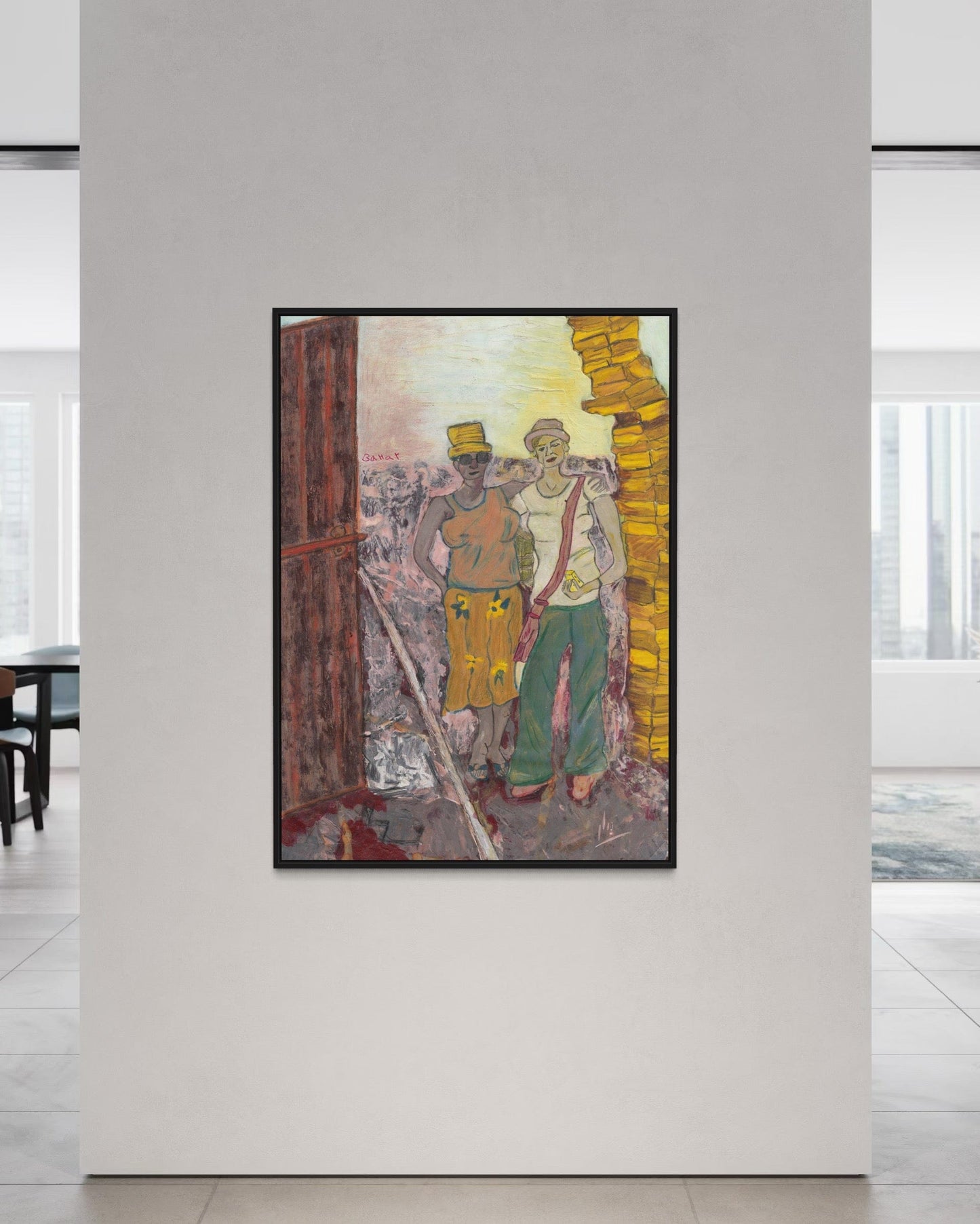 Framed artwork of two figures in a modern interior setting