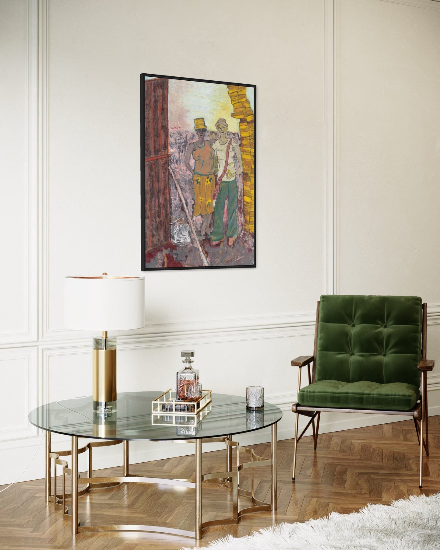 Living room with a green armchair, glass coffee table, and wall art.