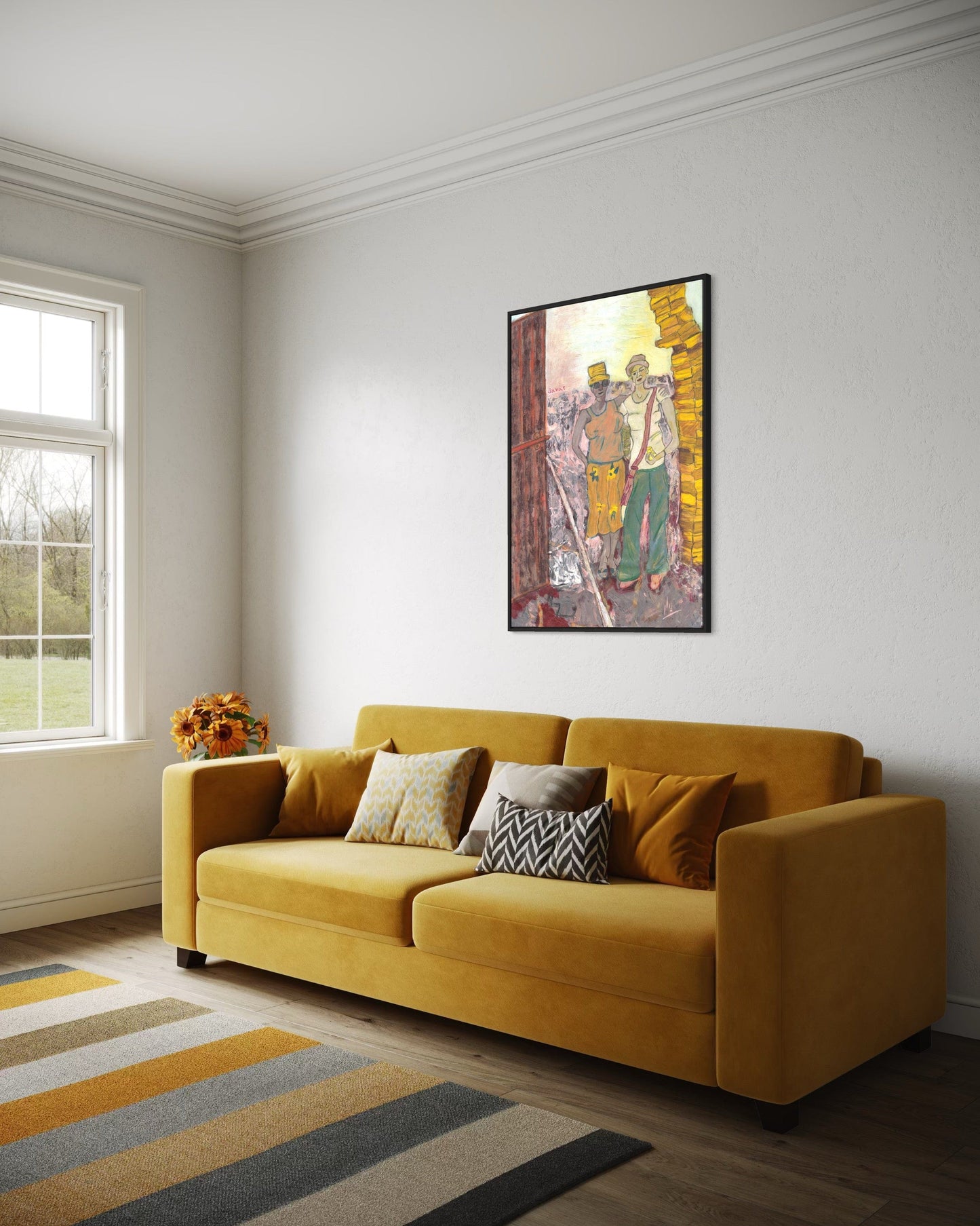 Yellow sofa in a living room with a colorful abstract painting on the wall.