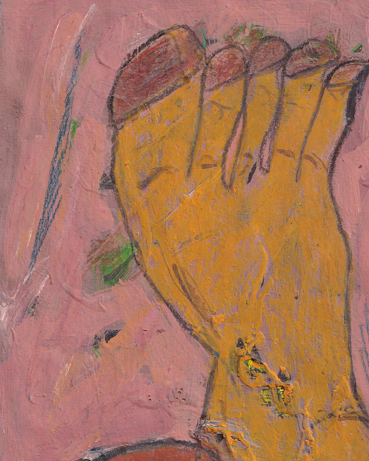 Abstract painting of a yellow figure with red accents on a pink background