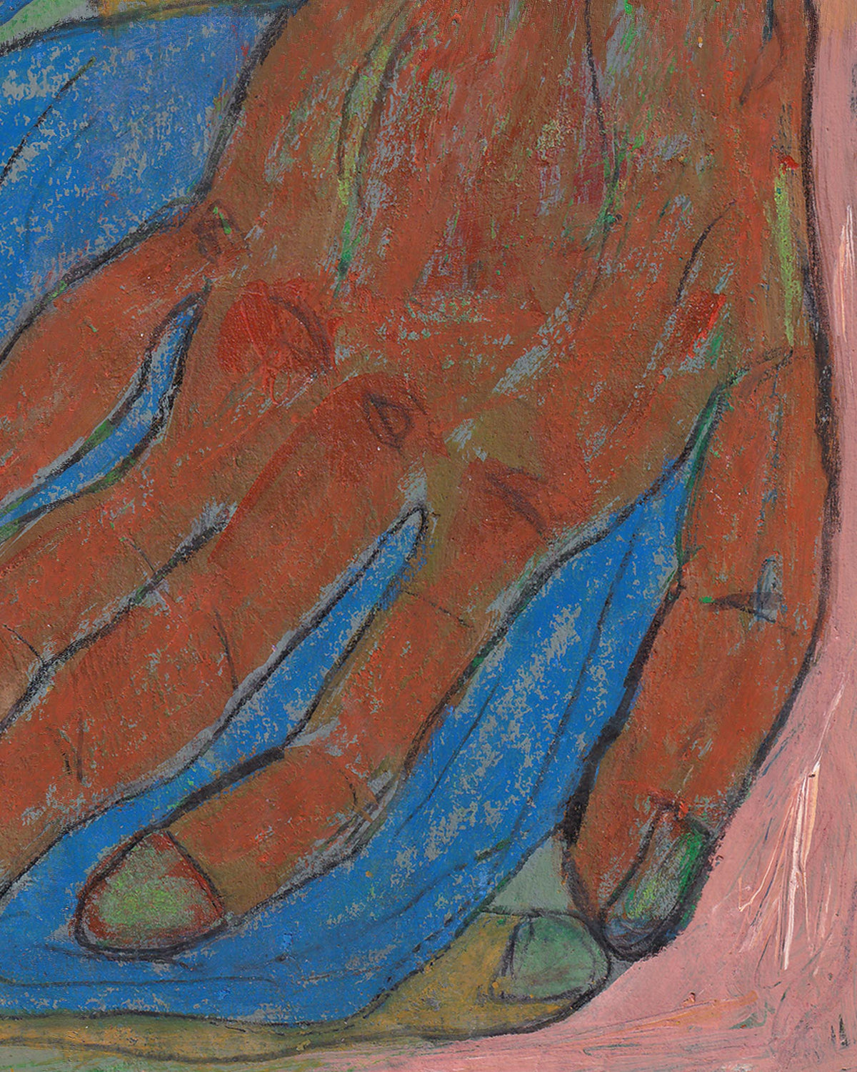 Colorful abstract painting of a hand with blue background