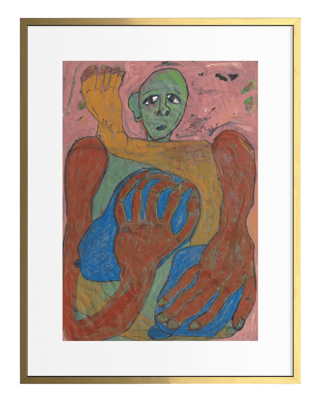 Framed artwork of a stylized figure with green skin, red and blue hands on a pink background.