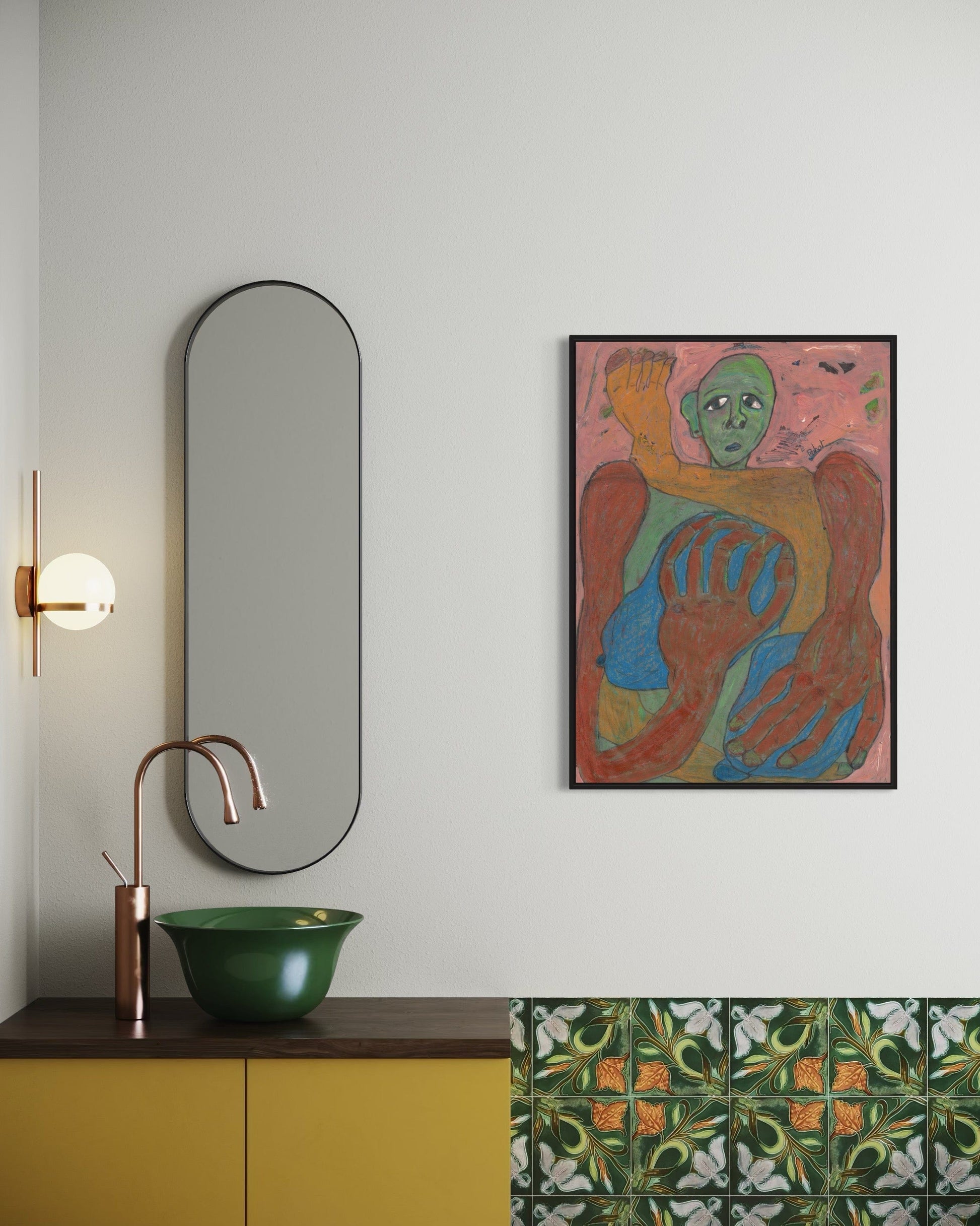 Bathroom interior with a mirror, sink, and colorful artwork on the wall.