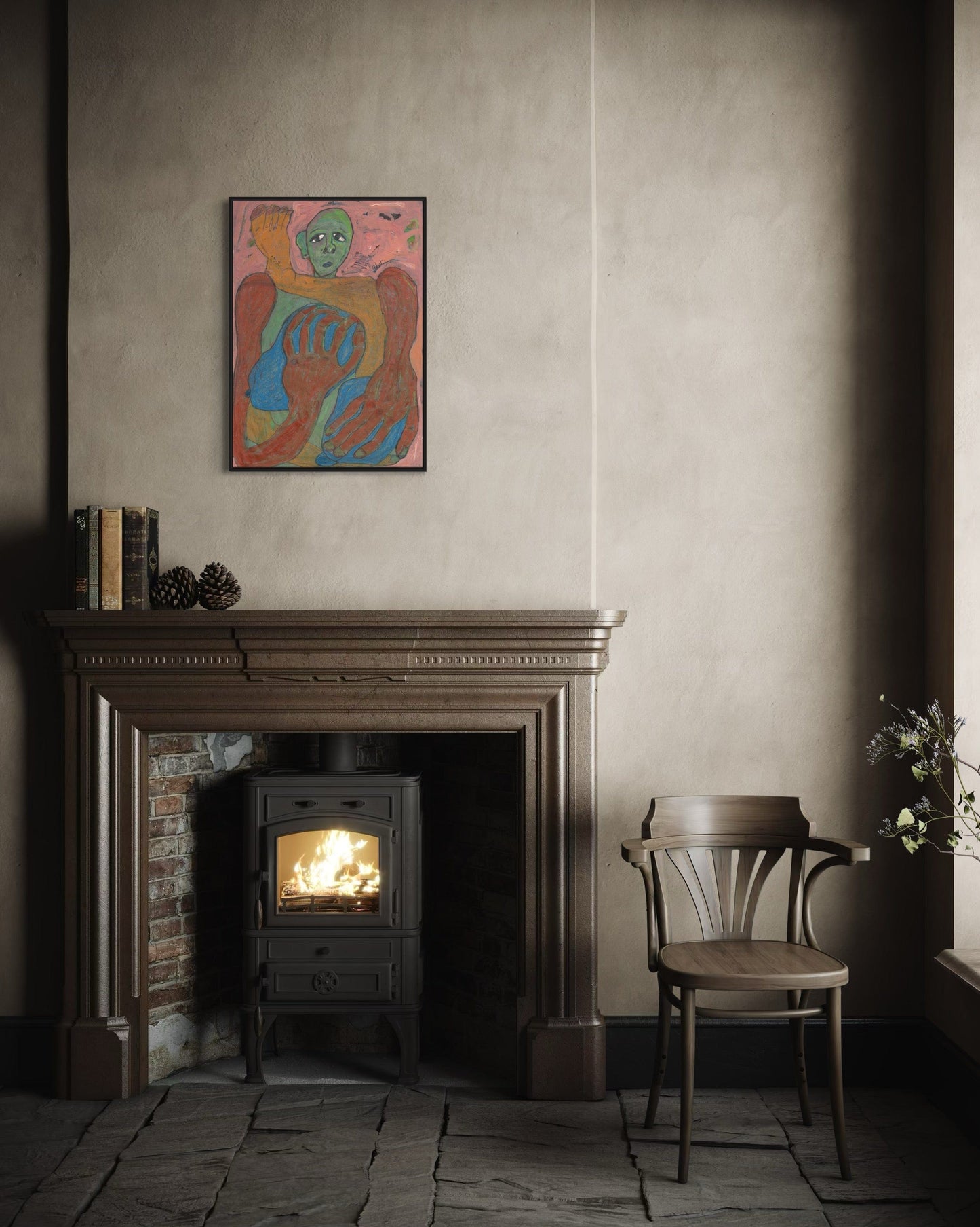 Room interior with a fireplace, chair, and colorful abstract painting on the wall.