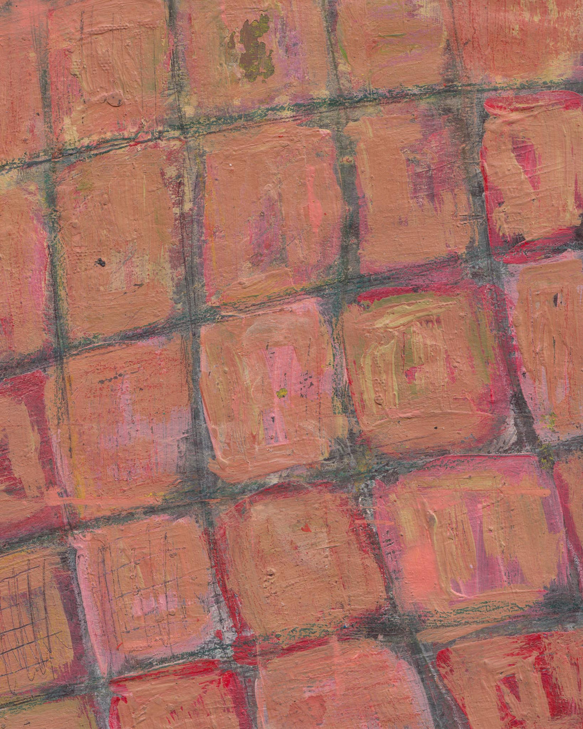 Abstract art with square brush strokes in shades of red, orange, and pink.