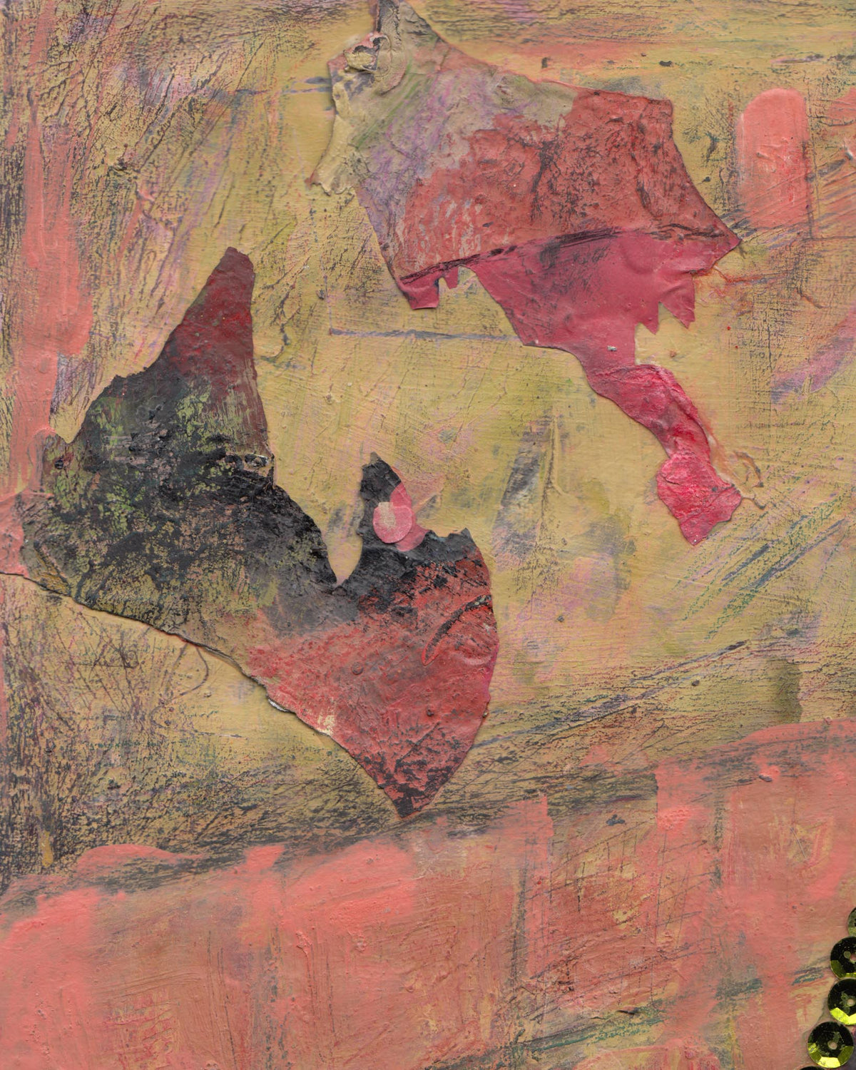 Abstract art piece with red, black, and yellow colors on a textured surface
