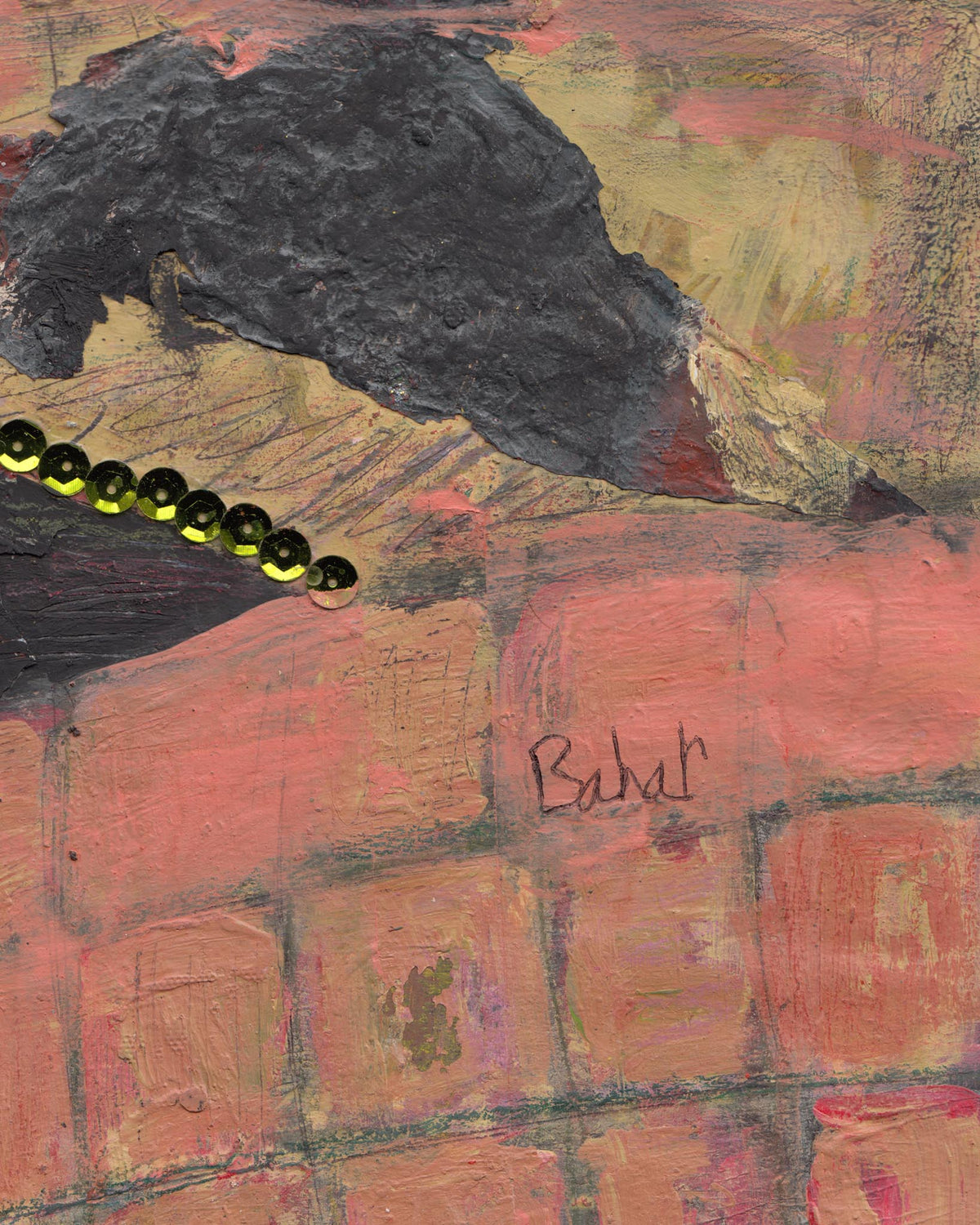 Abstract art piece with a signature at the bottom right corner