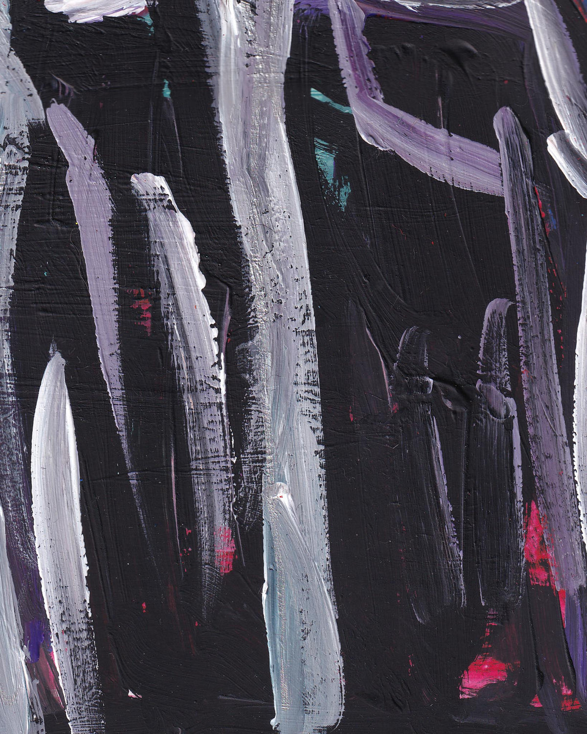 Abstract art with black, white, and purple brush strokes on a dark background