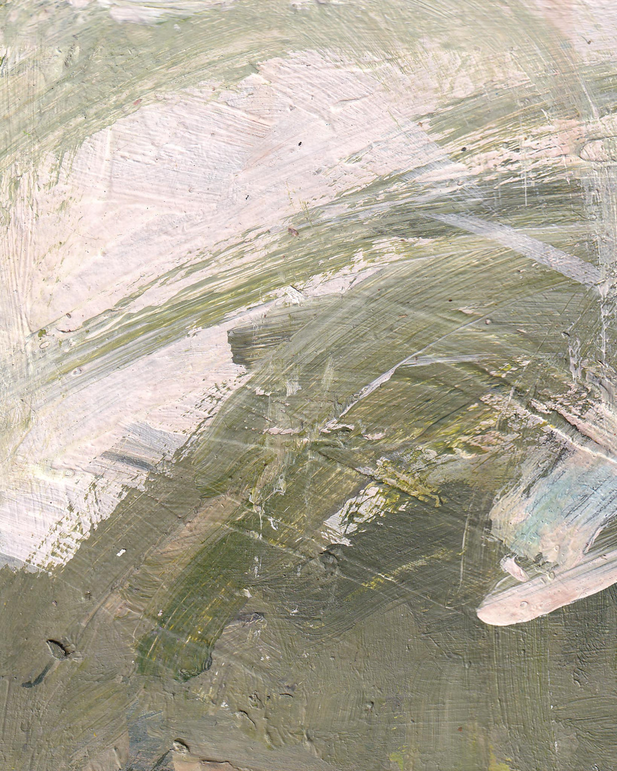 Abstract art with brush strokes in green, gray, and beige tones.