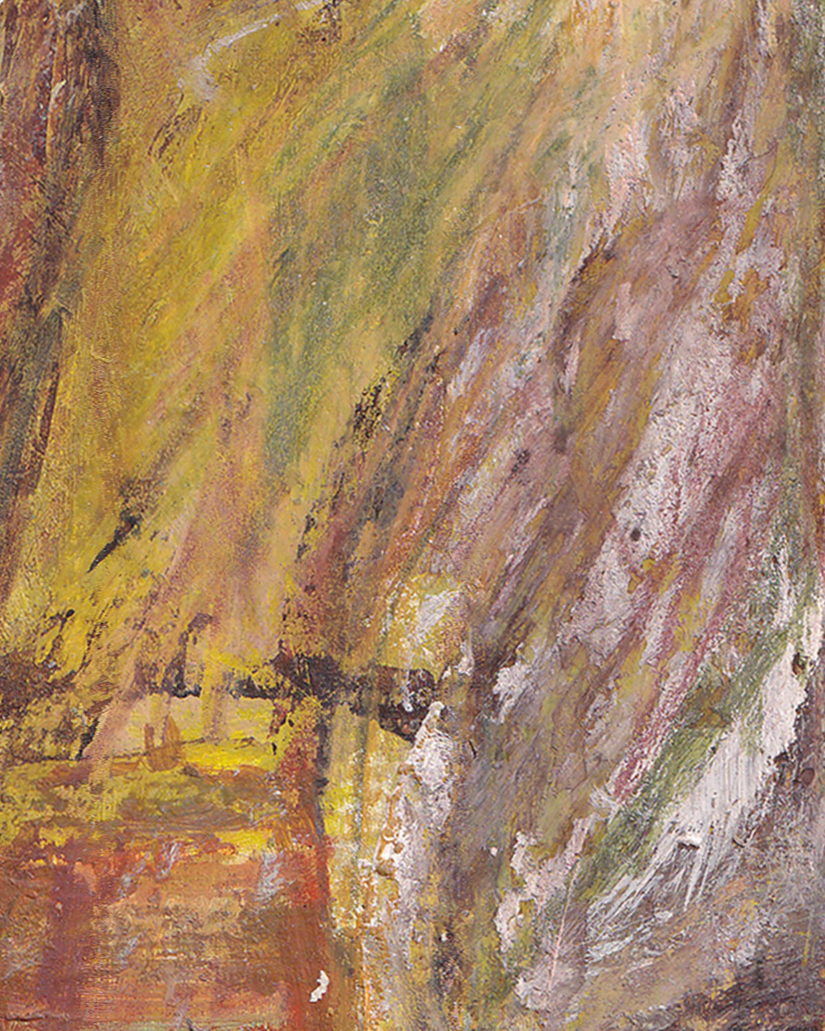 Abstract painting with a mix of yellow, green, and brown colors.