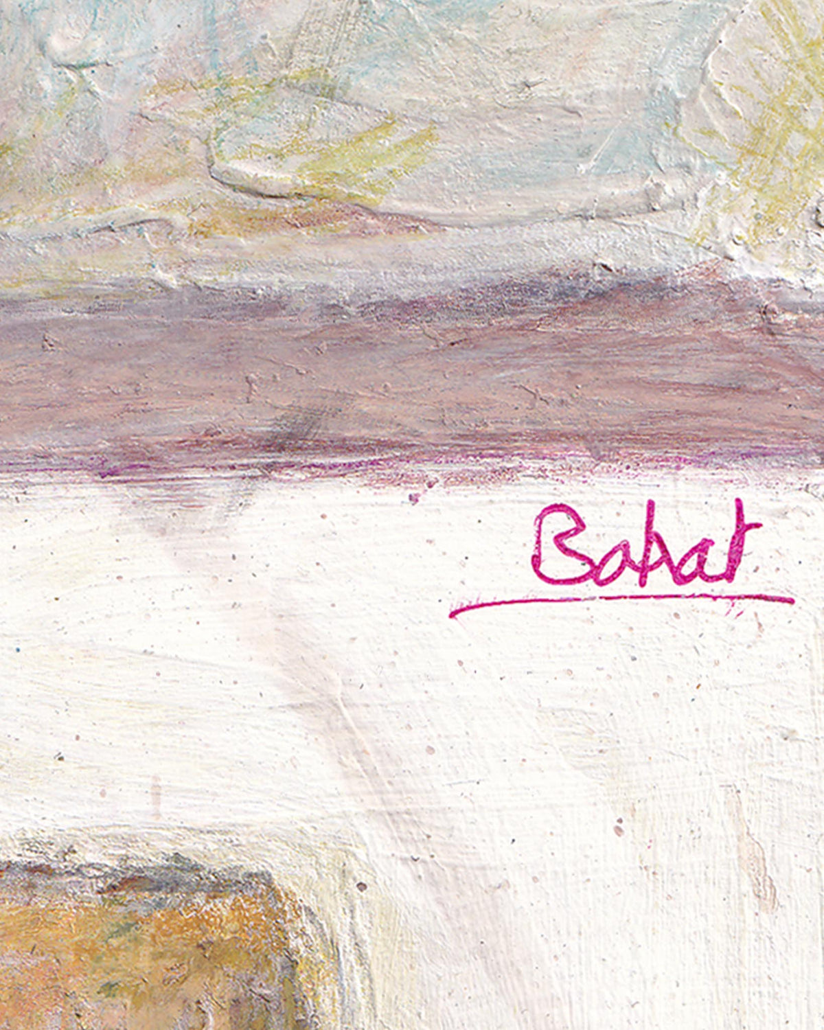Abstract art with a signature in pink on a textured surface