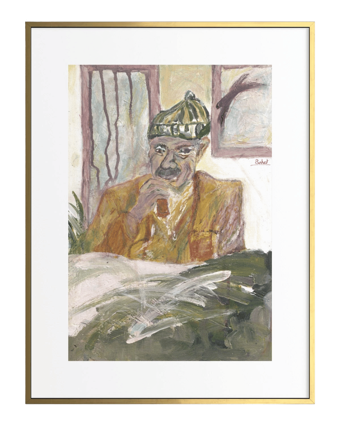 Framed artwork of a man in a yellow outfit and green hat sitting at a desk.