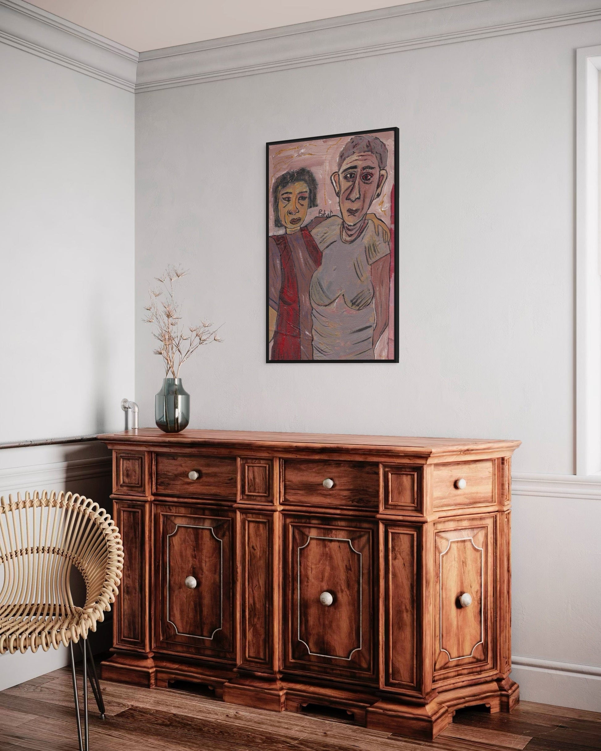 Wooden sideboard in a room with a painting on the wall