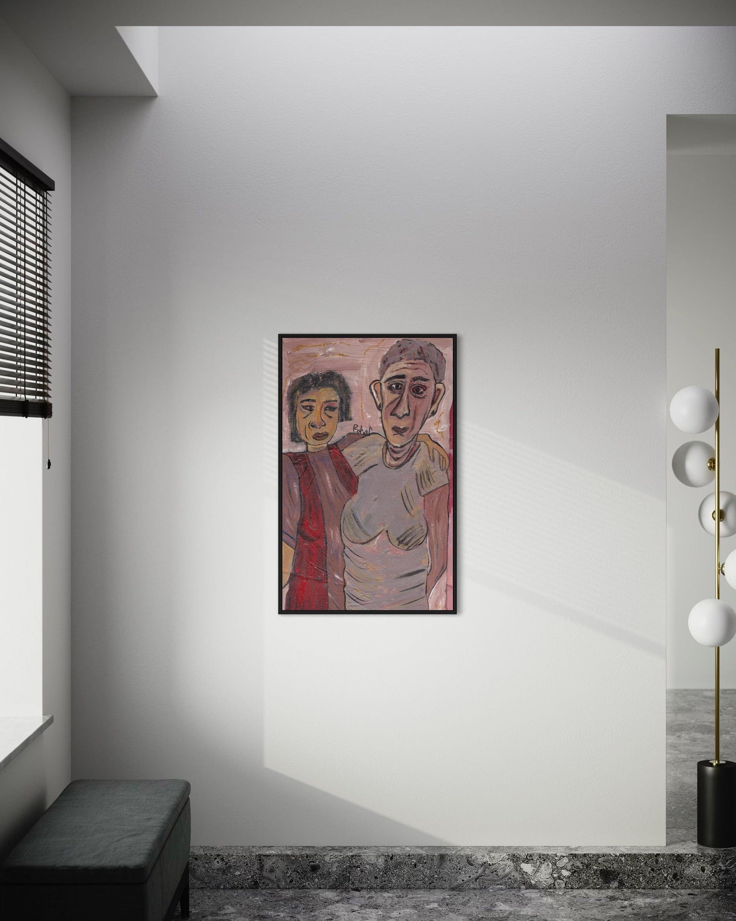 Abstract artwork of two figures in a minimalistic room with a lamp and window.