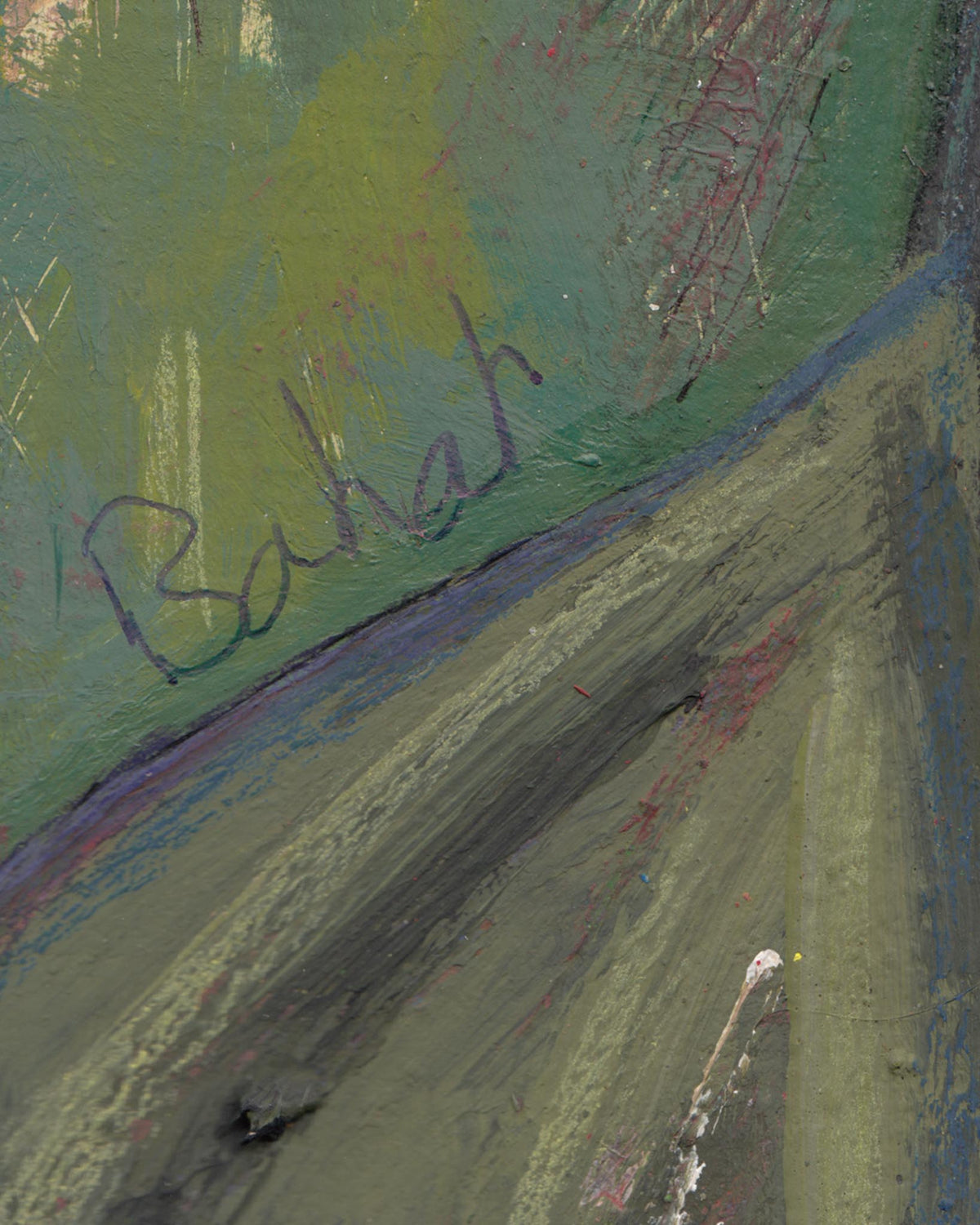 Artistic signature on a textured surface with pastel colors
