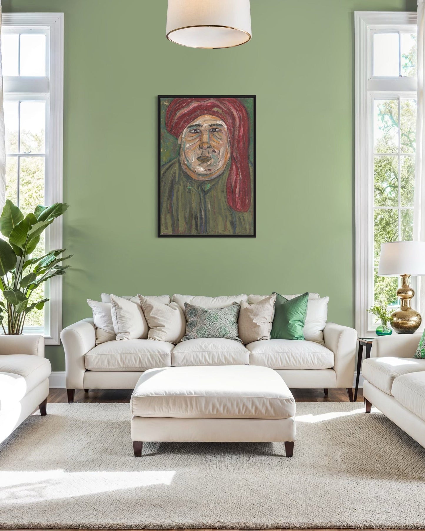 Living room with a green wall, white furniture, and a painting of a man in a red turban.