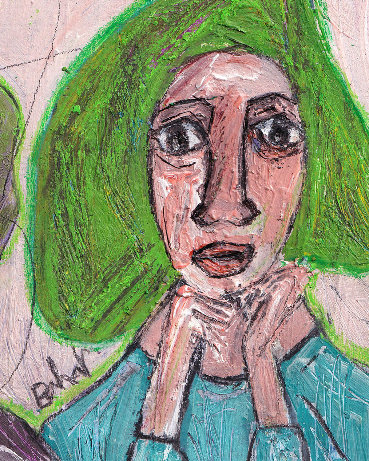 Artistic depiction of a person with green hair and a blue garment, signed 'Bahar'.