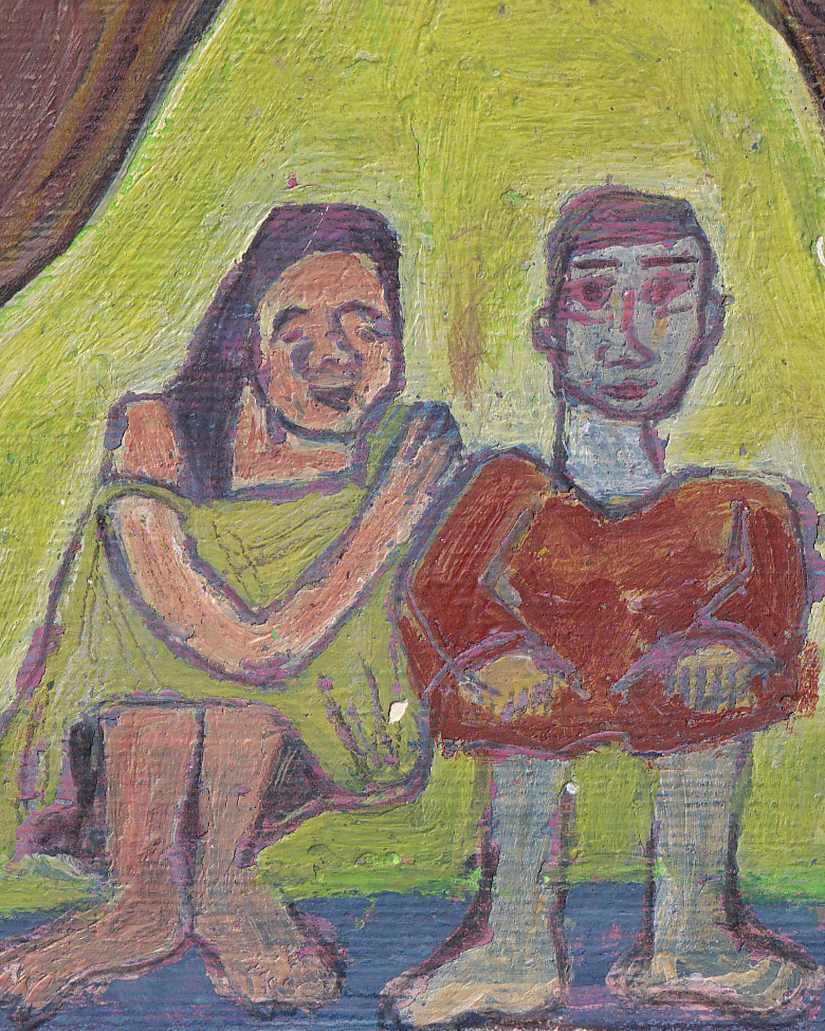 Two people sitting together with a green background