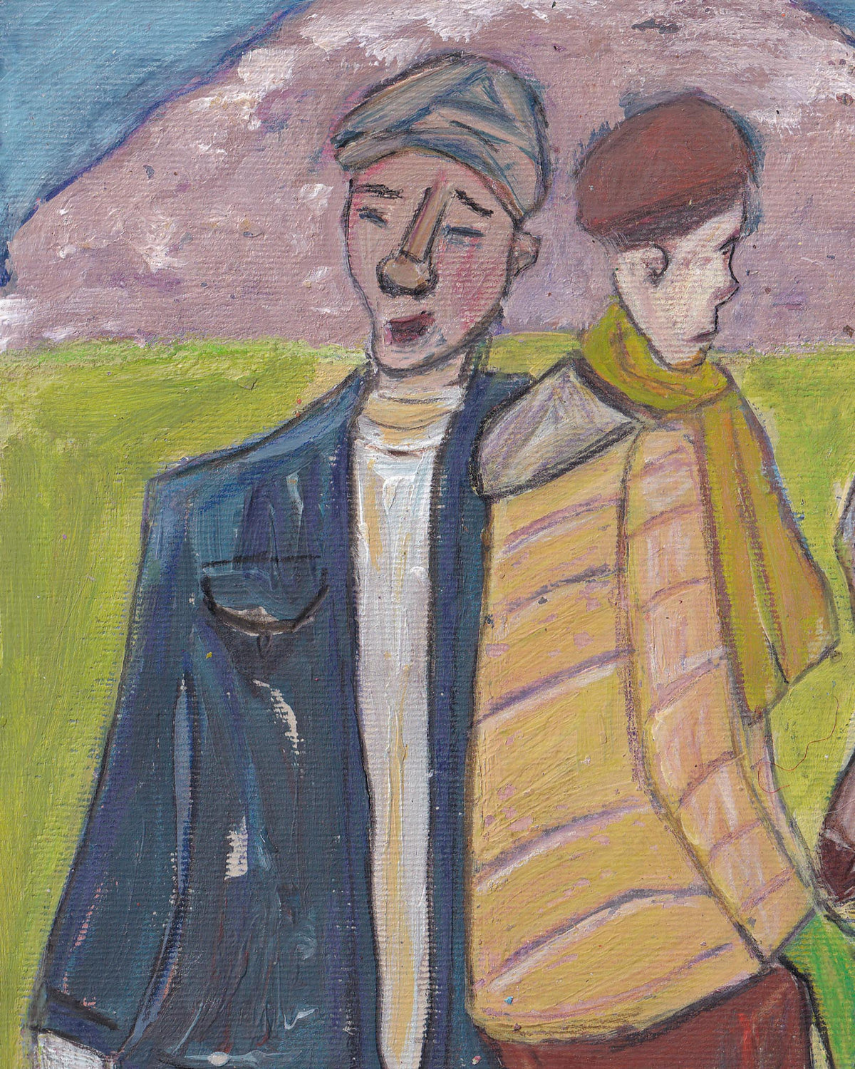 Two people standing side by side with a colorful background