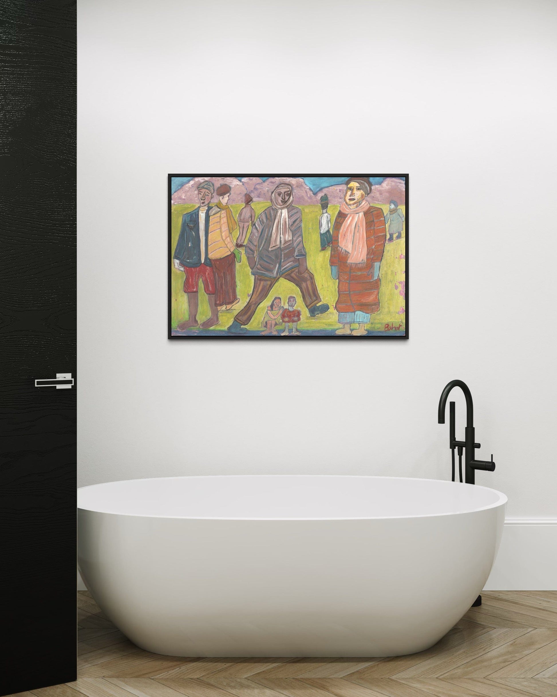 Modern bathroom with a freestanding bathtub and a colorful painting on the wall.