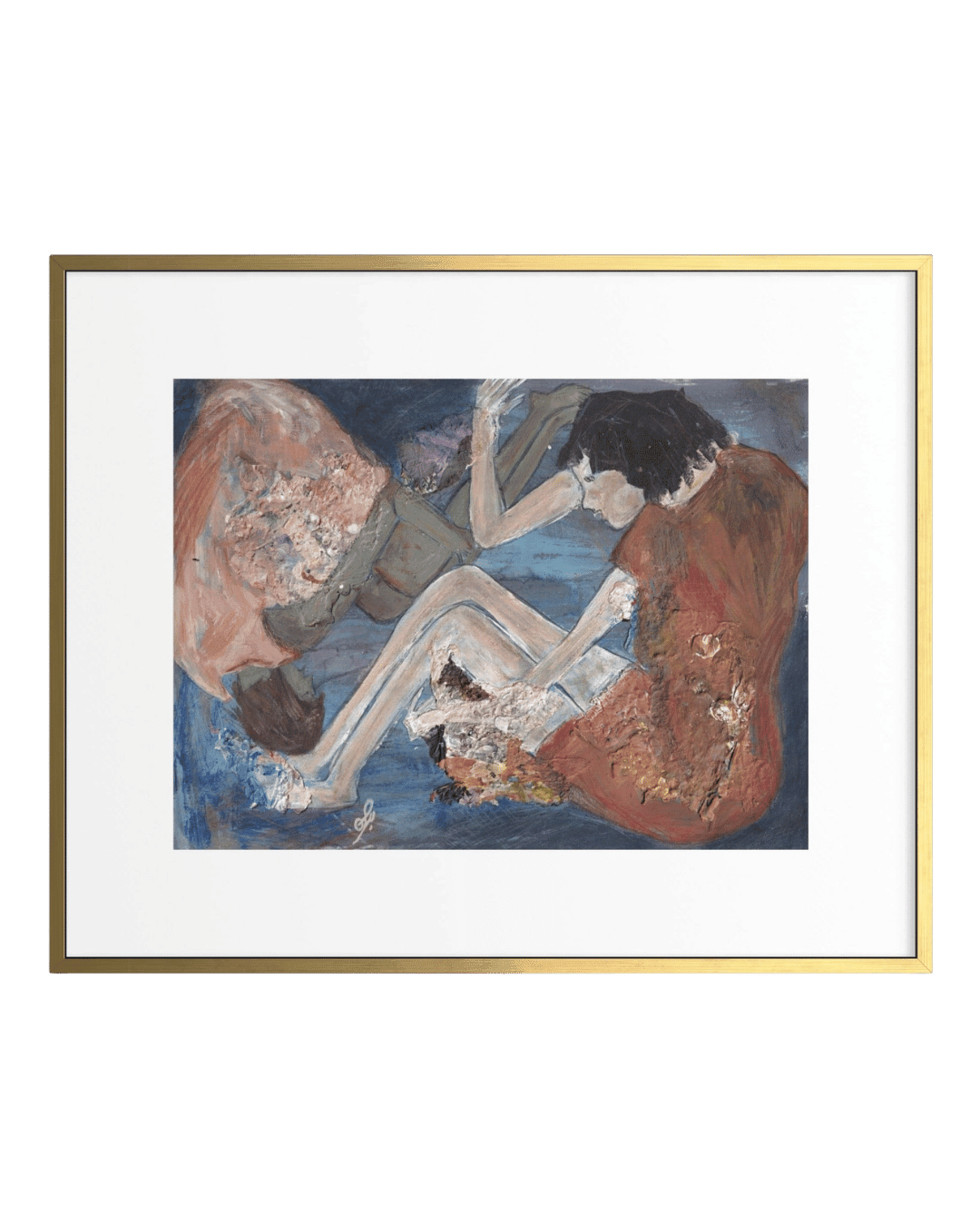 Framed artwork of three figures in a dynamic pose on a green background