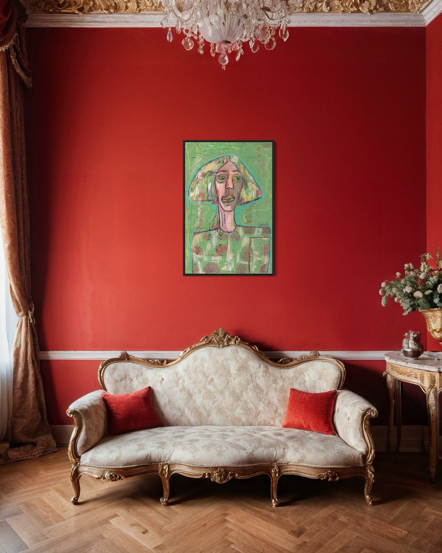 Luxurious living room with red walls, ornate sofa, and a painting.