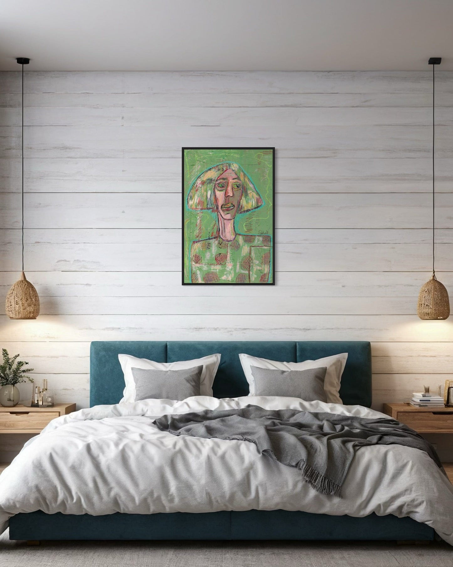 Bedroom with teal bed, white bedding, and a colorful abstract painting on the wall.
