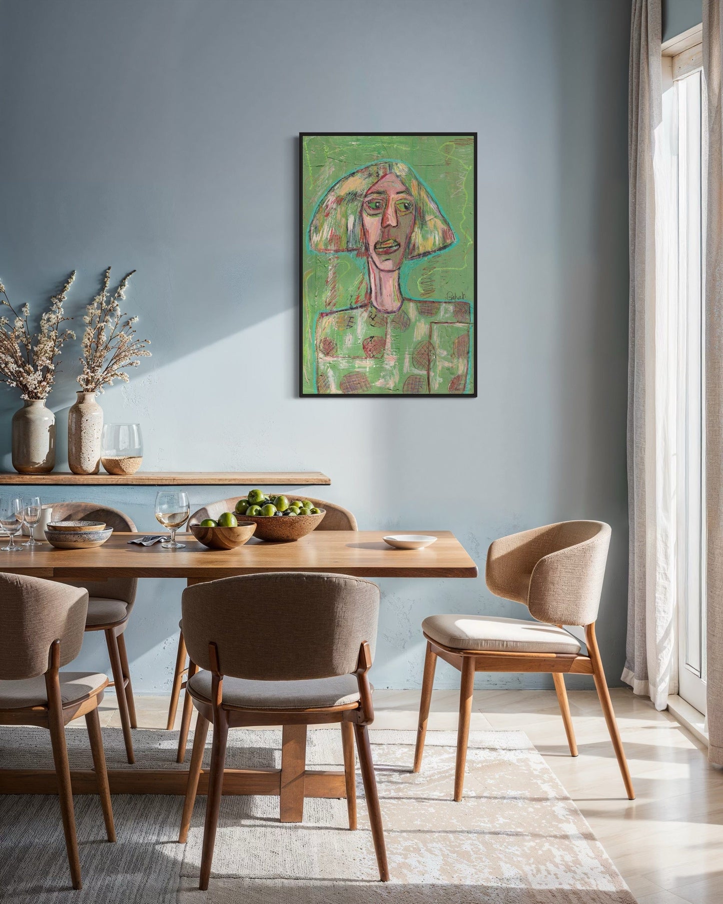 Dining room with wooden table and chairs, abstract painting on wall, and natural light.