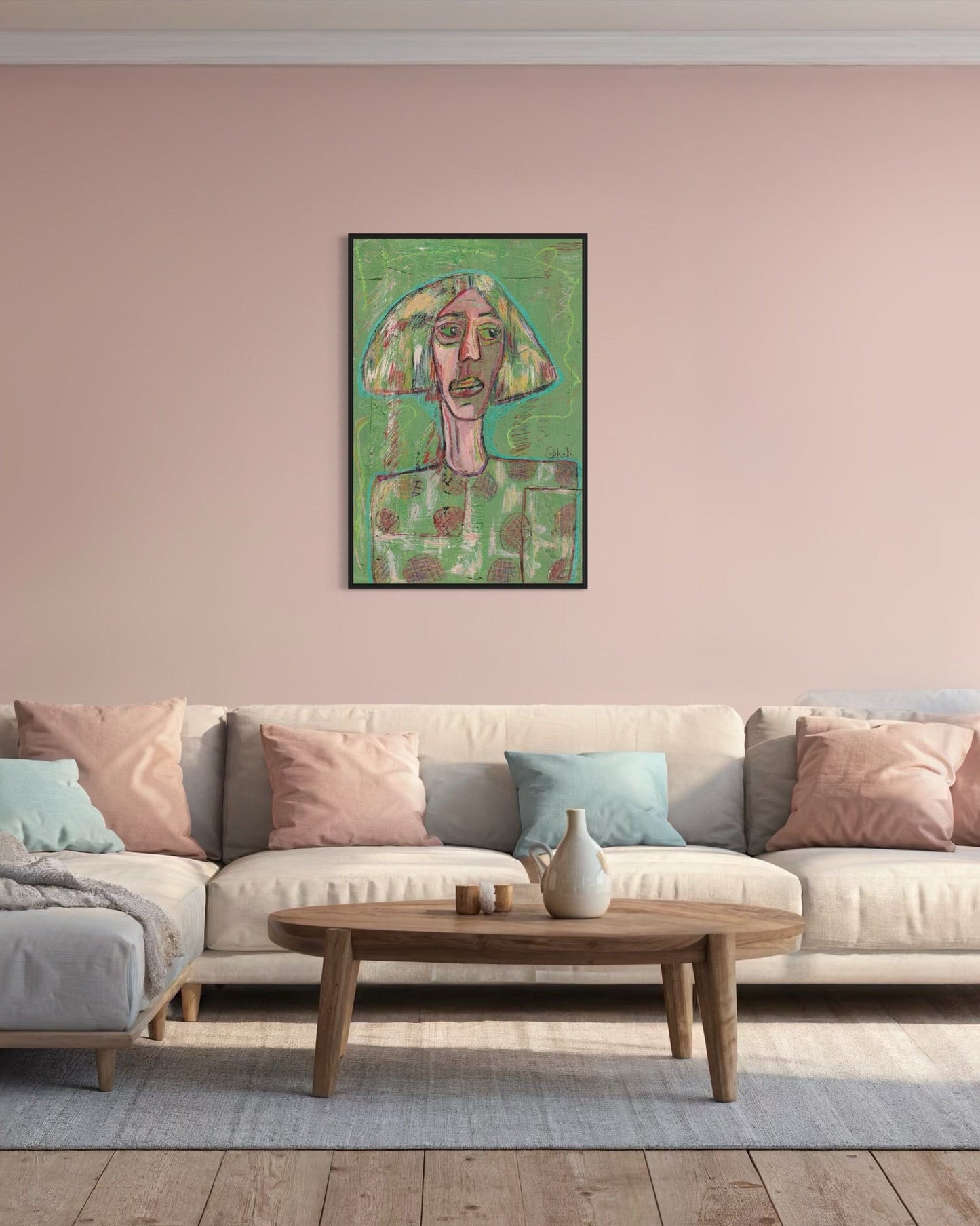 Living room with a beige sofa, wooden coffee table, and a colorful abstract painting on the wall.