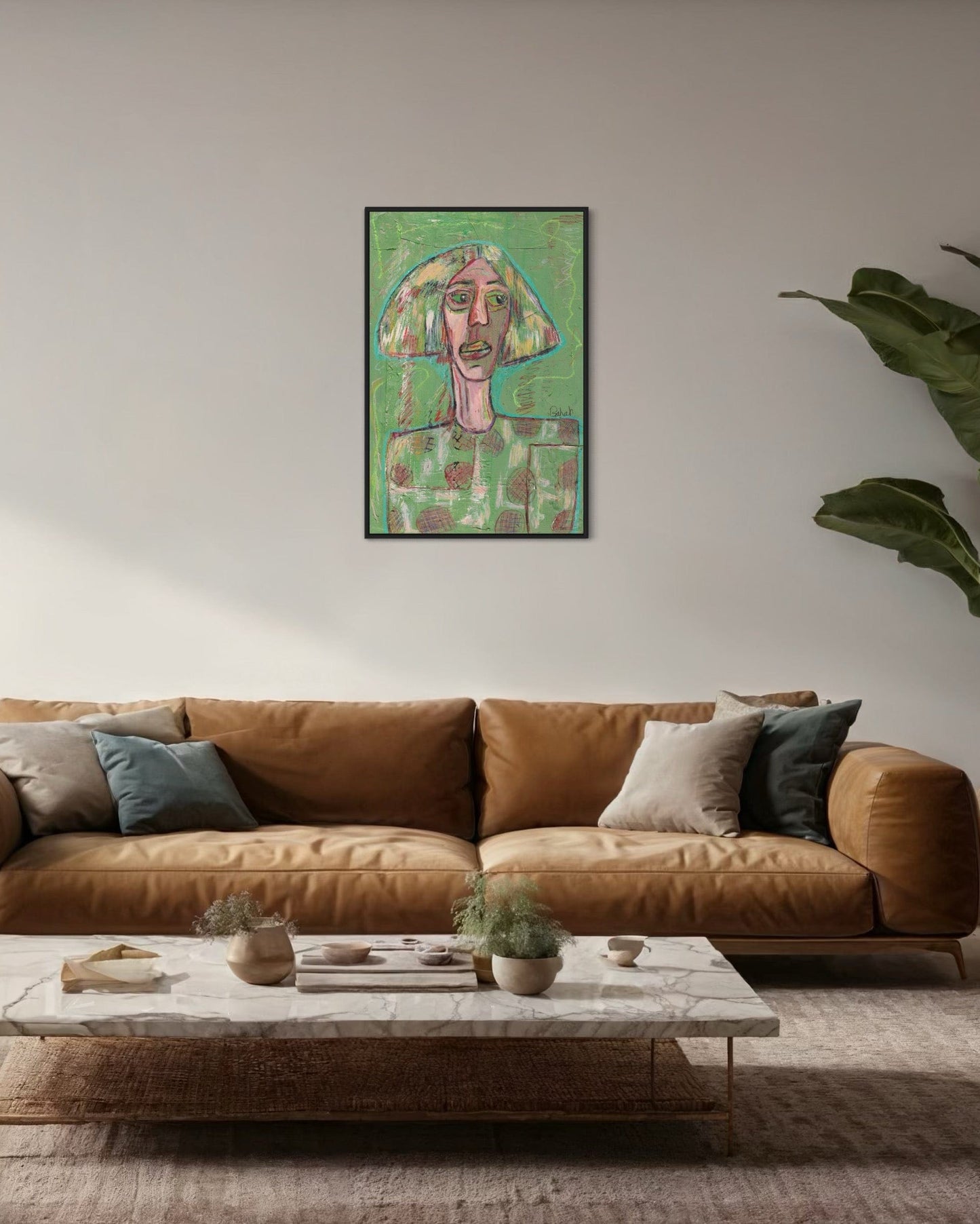 Living room with a brown sofa, marble coffee table, and abstract painting on the wall.