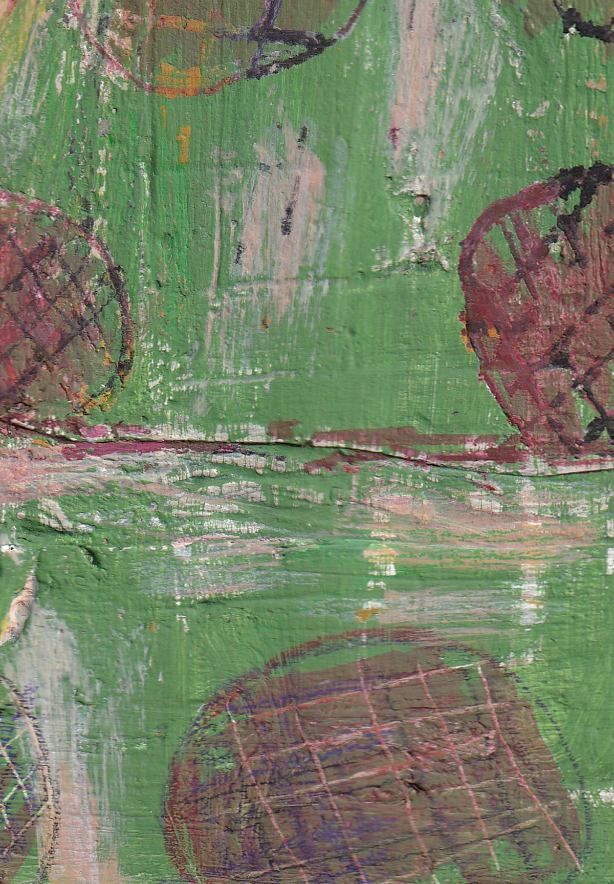 Abstract painting with green background and various colors