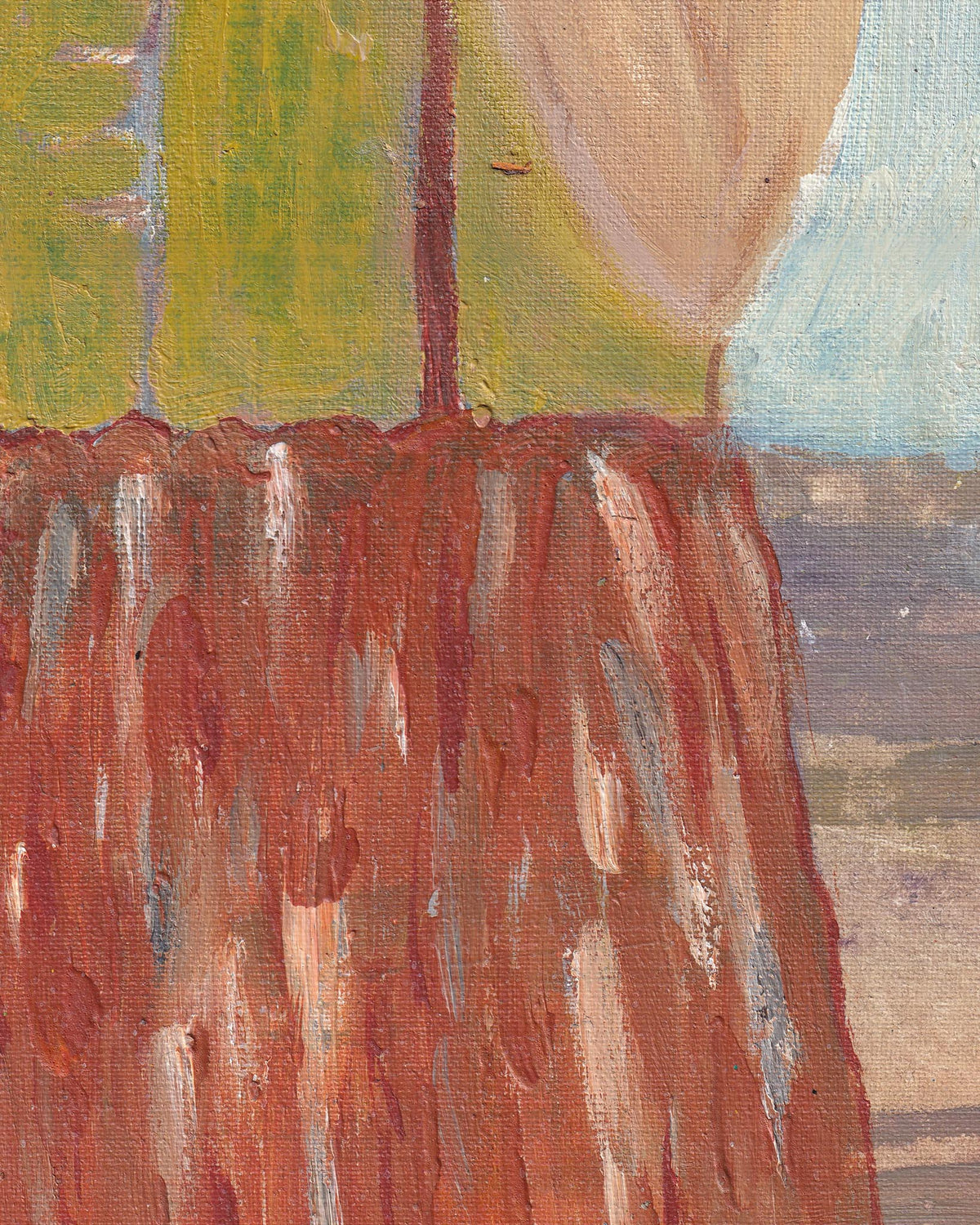 Abstract painting with red, green, and beige colors