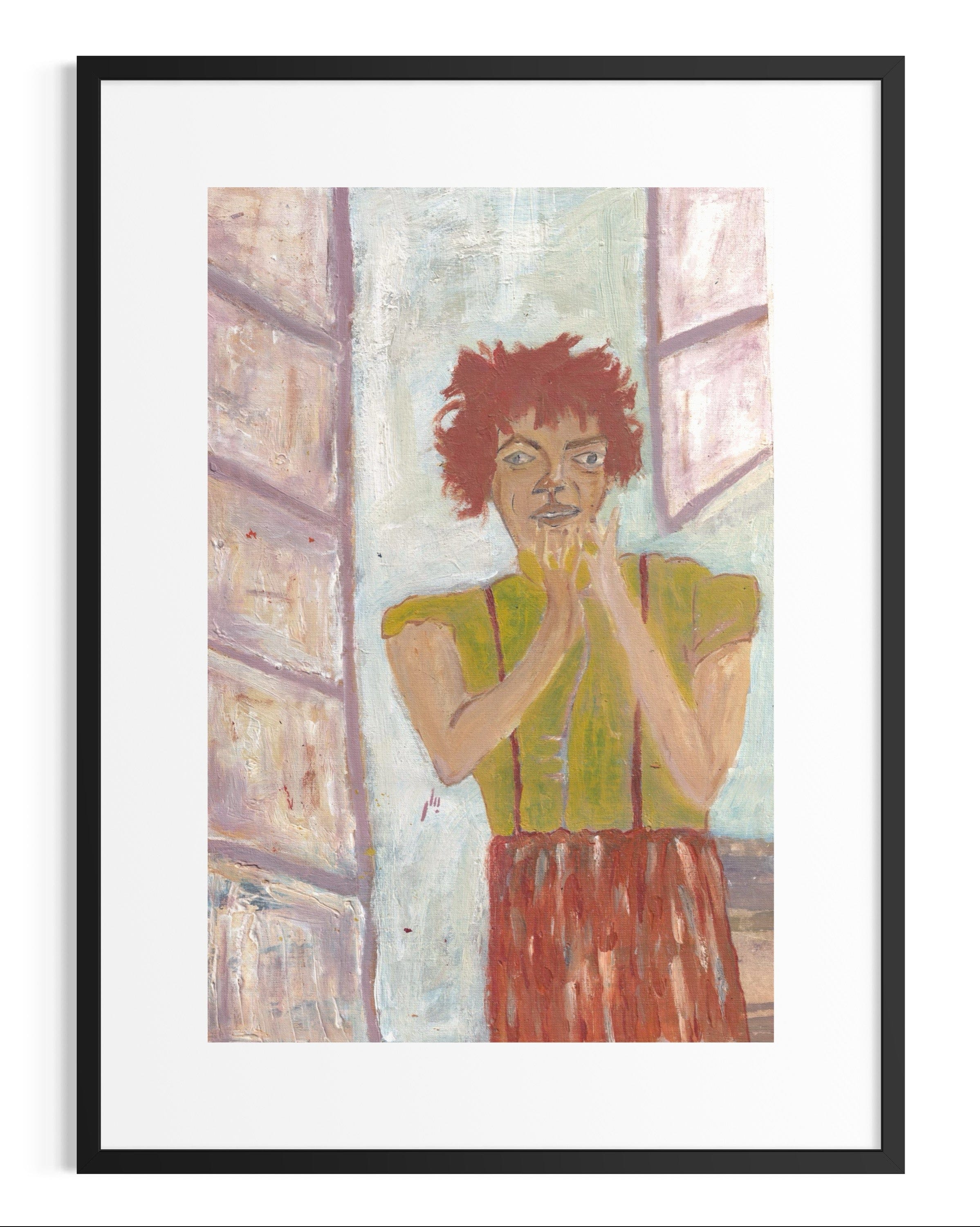 Framed artwork of a person with red hair and green top in a room with wooden shelves.