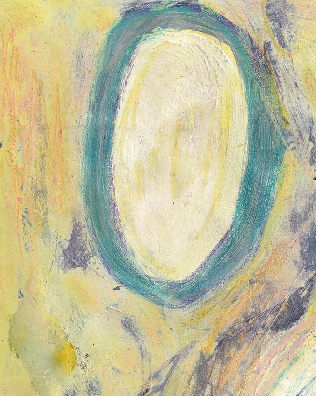 Abstract painting with a central oval shape surrounded by swirling patterns in green, yellow, and blue.