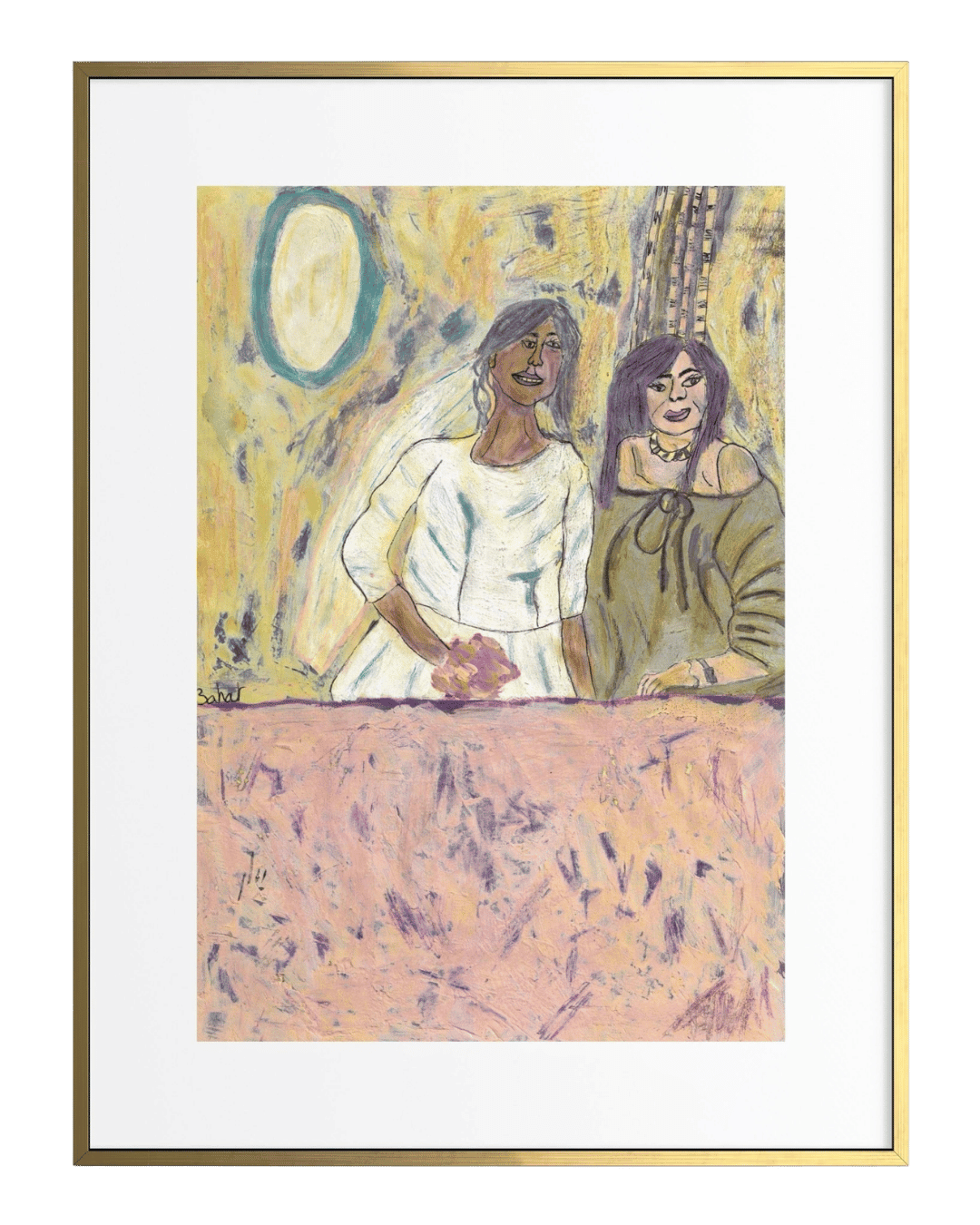 Framed artwork of two women sitting together with a stylized background.