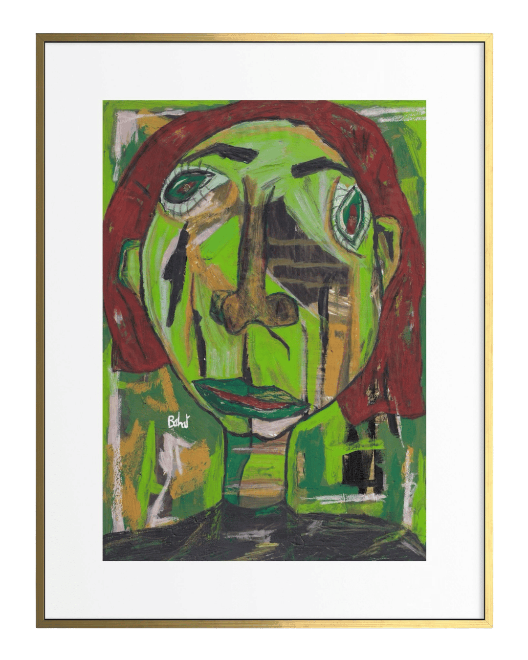Abstract painting of a face with green and red colors on a white background