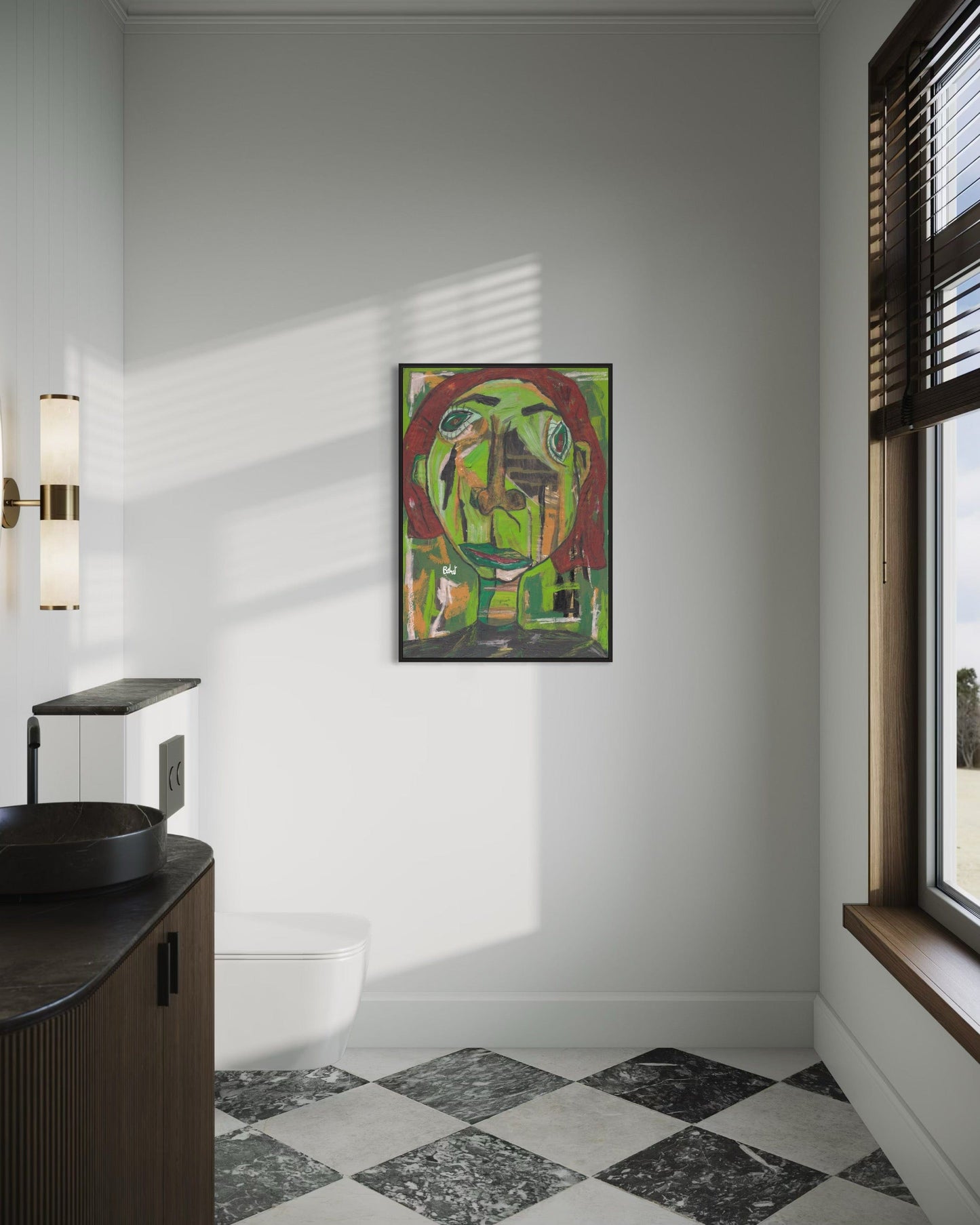 Modern bathroom with a colorful abstract painting on the wall, checkered floor, and wooden window frame.