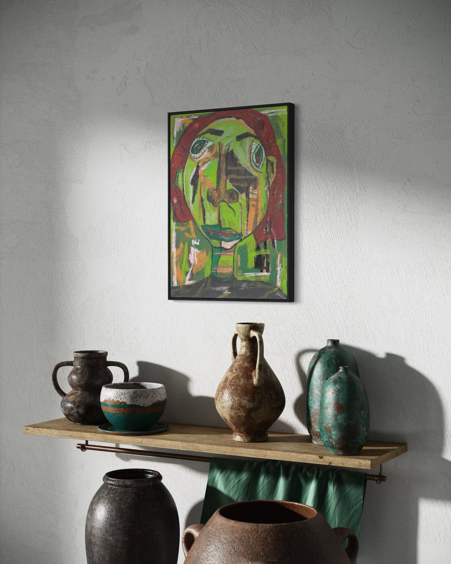 Artistic wall piece above a wooden shelf with various ceramic vases.