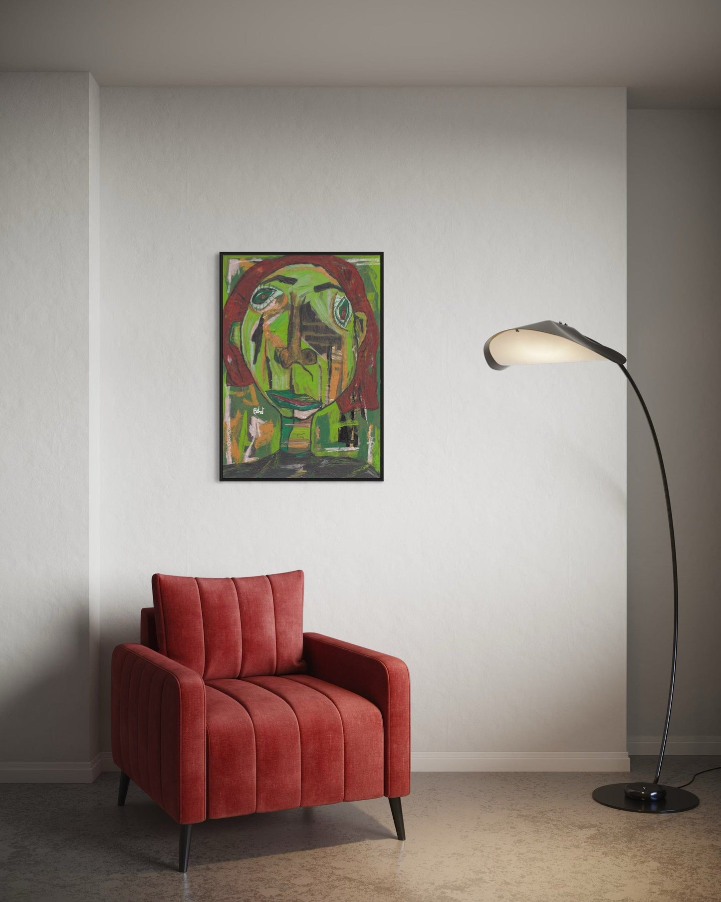 Red armchair in a room with a colorful painting on the wall and a floor lamp.
